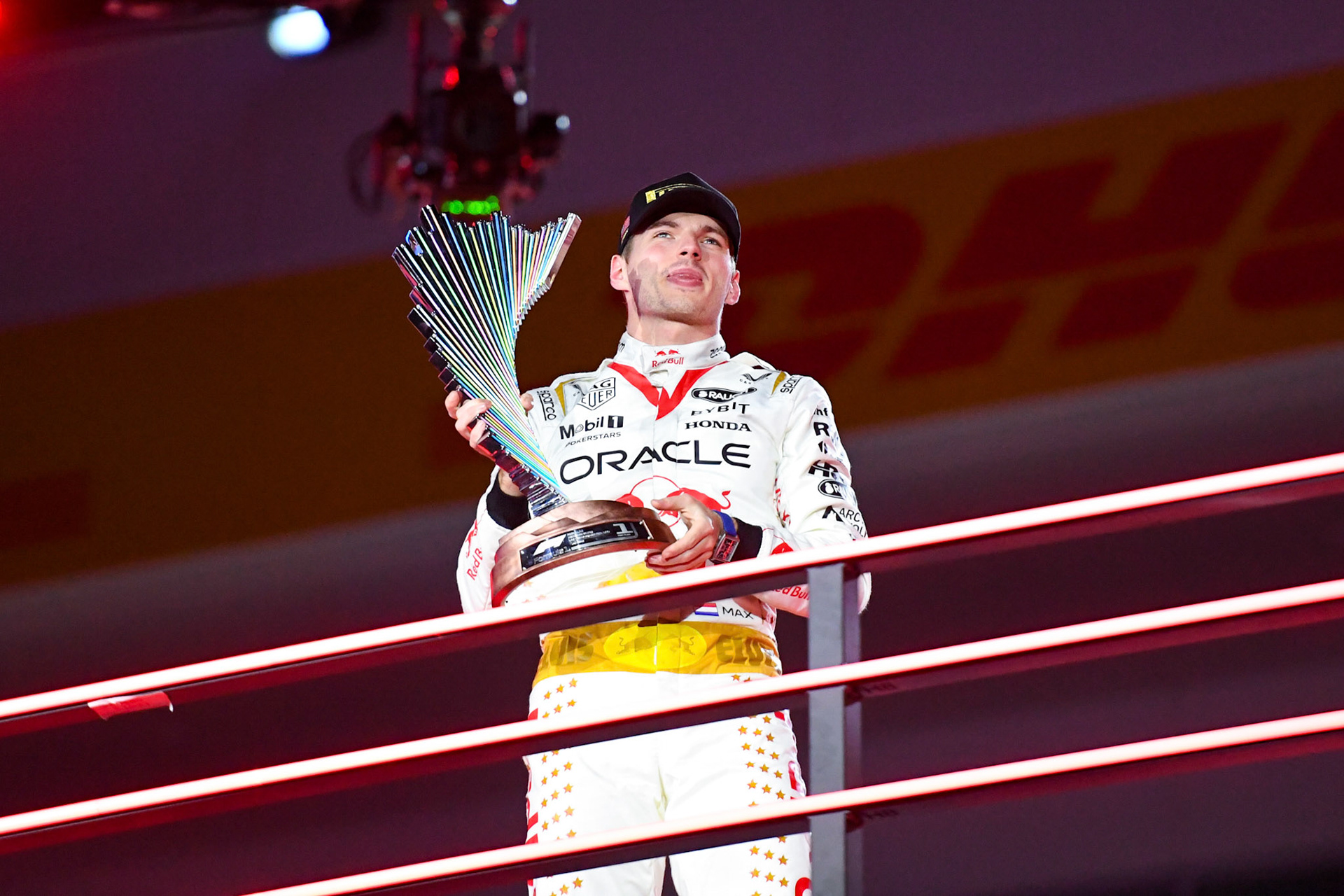 Max Verstappen (NED) Red Bull Racing auf dem Podium;Formel 1 GP USA Las Vegas. Sonntag 19.11.2023