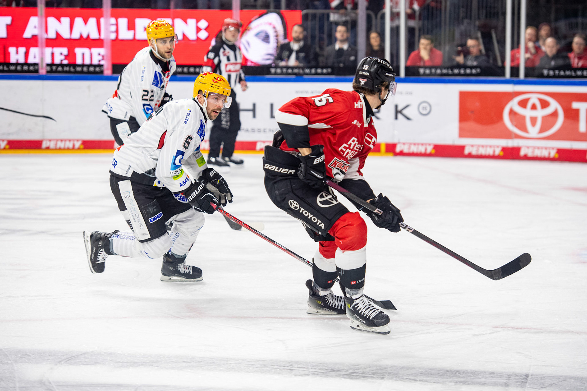 Louis Marc Aubry, Anders Groenlund, Vladimir Eminger; DEL Kölner Haie - Fishtown Pinguins Bremerhaven, 30.01.2024
