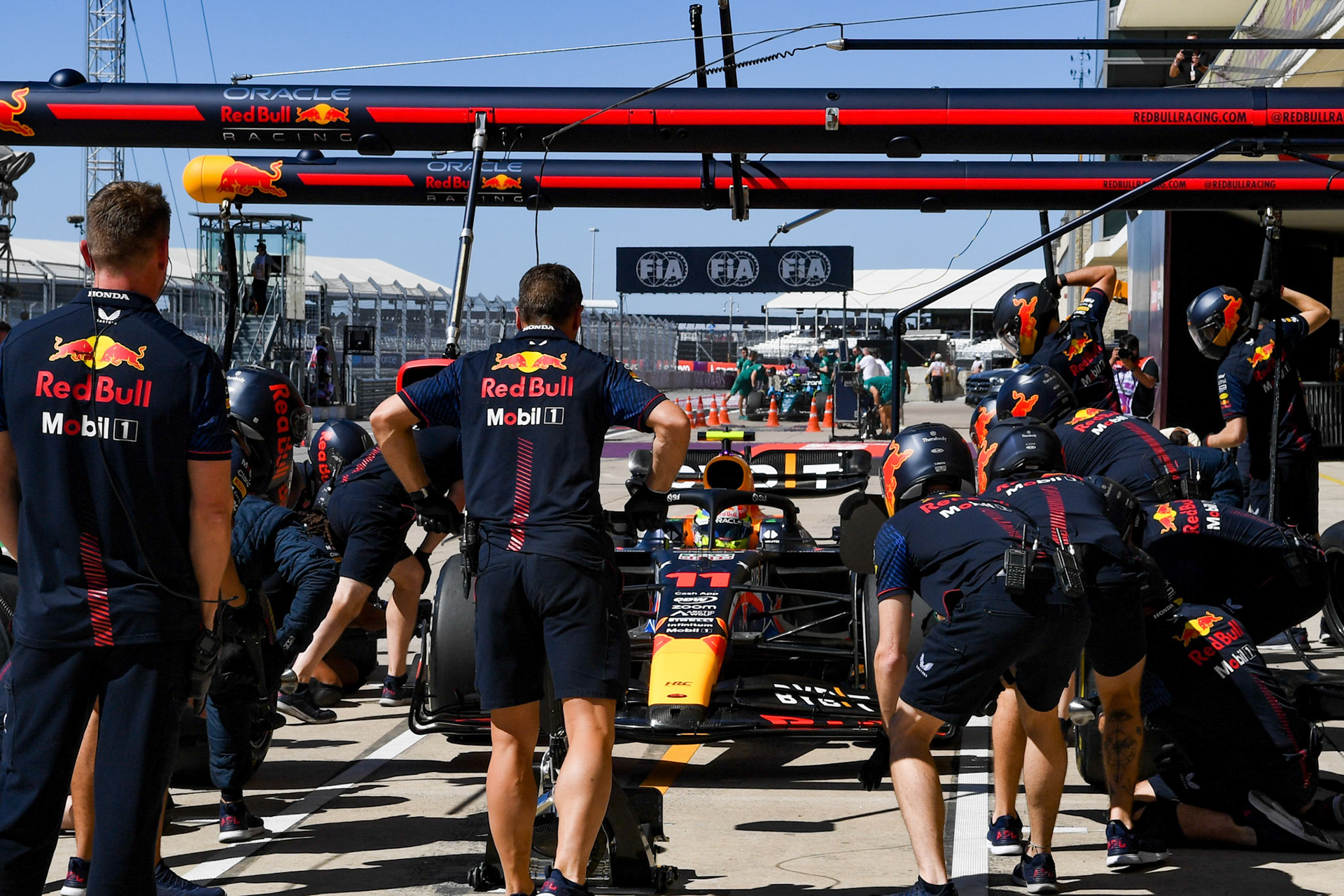 Pitstop Sergio Perez (MEX) Red Bull Racing; Formel 1 GP USA Austin Texas. Samstag 21.10.2023
