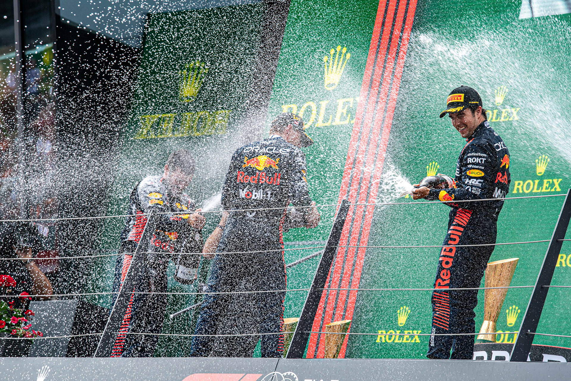 Podium in. Österreich mit Max Verstappen, Sergio Perez und Chales Leclerc; Formel 1 GP Austria / Österreich. Sonntag, 02.07.2023