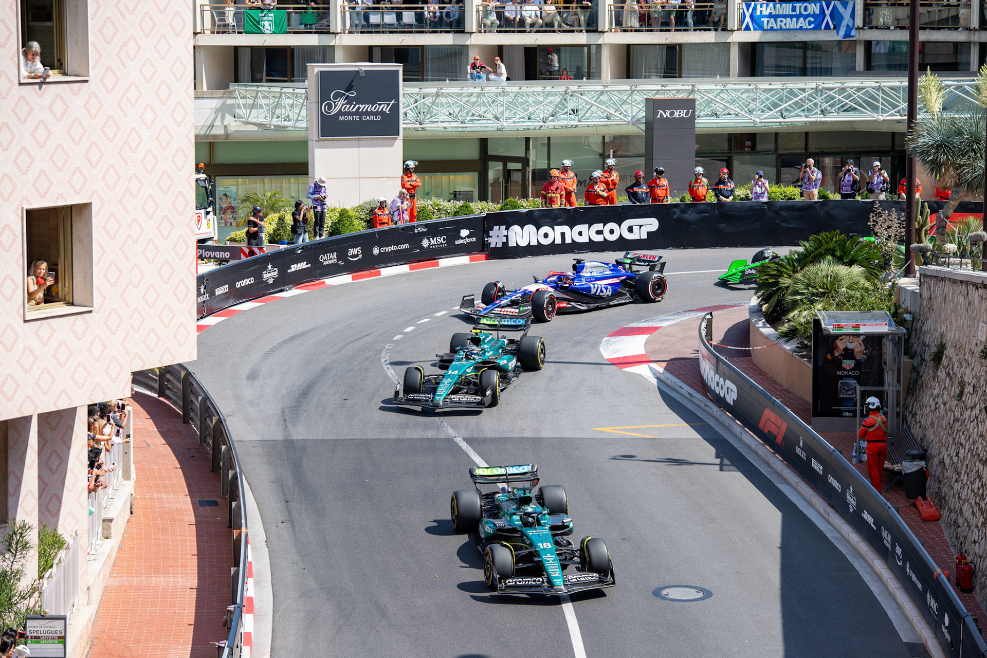 Lance Stroll #18, Aston Martin Aramco F1 Team und Fernando Alonso #14, Aston Martin Aramco F1 Team und Daniel Ricciardo, #3, Visa Cash App RB Formula One Team; Formel1 GP Monaco Sonntag, 26.05.2024