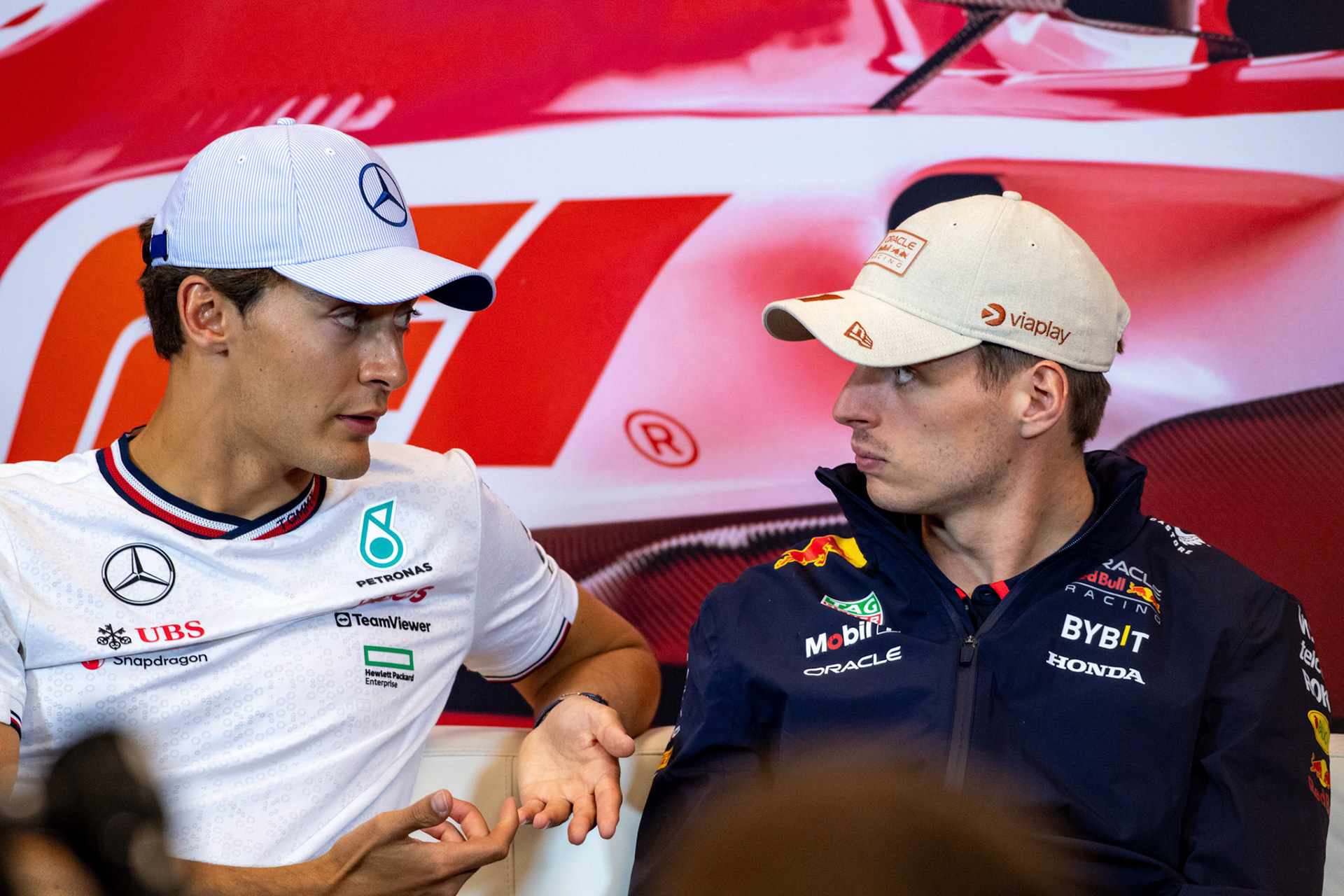 George Russell #63, Mercedes-AMG Petronas F1 Team und Max Verstappen #1, Oracle Red Bull Racing; Formel1 GP Monaco Donnerstag, 23.05.2024