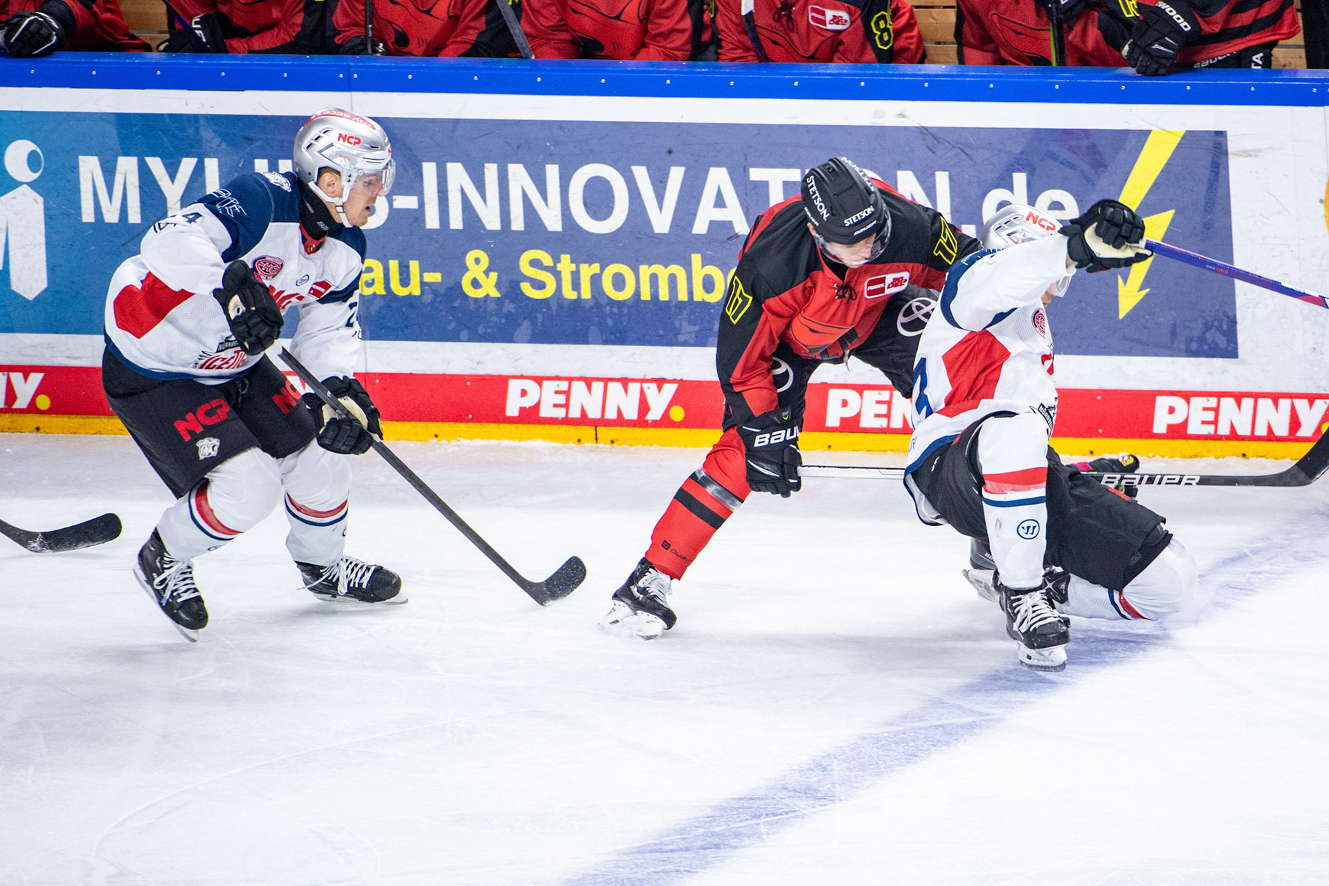 Jan Luca Sennhenn im Zweikampf; DEL Kölner Haie - Nürnberg Ice Tigers, 17.12.2023
