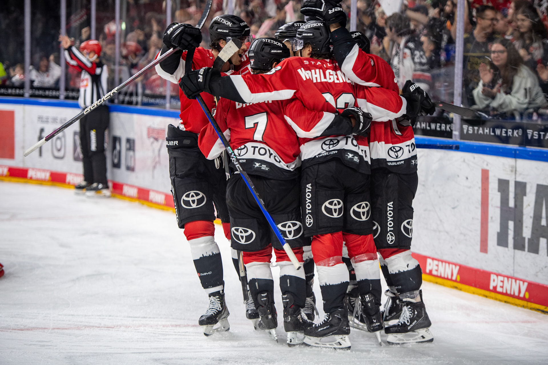 Koelner Haie beim Torjubel; DEL Kölner Haie - Augsburger Panther, 19.11.2023