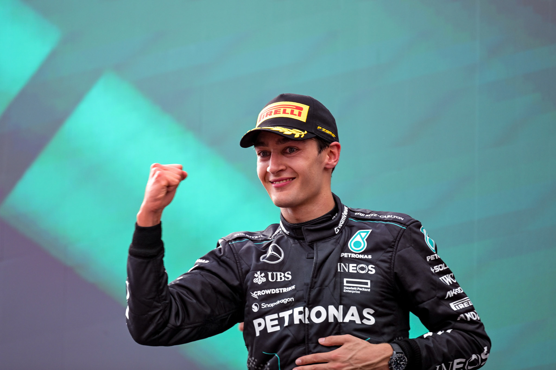 George Russell #63, Mercedes-AMG Petronas F1 Team auf dem Podium.;Formel 1 GP Austria / Österreich. Sonntag, 30.06.2024