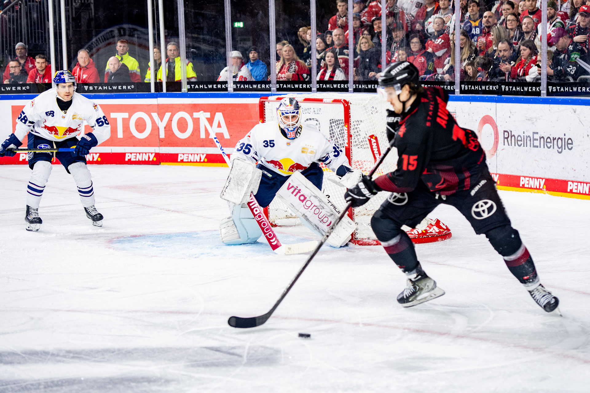 Louis Marc Aubry vor dem Tor der Red Bulls aus München. Mathias Niederberger, Ryan McKiernan; DEL Kölner Haie - EHC Red Bull München, 05.01.2024