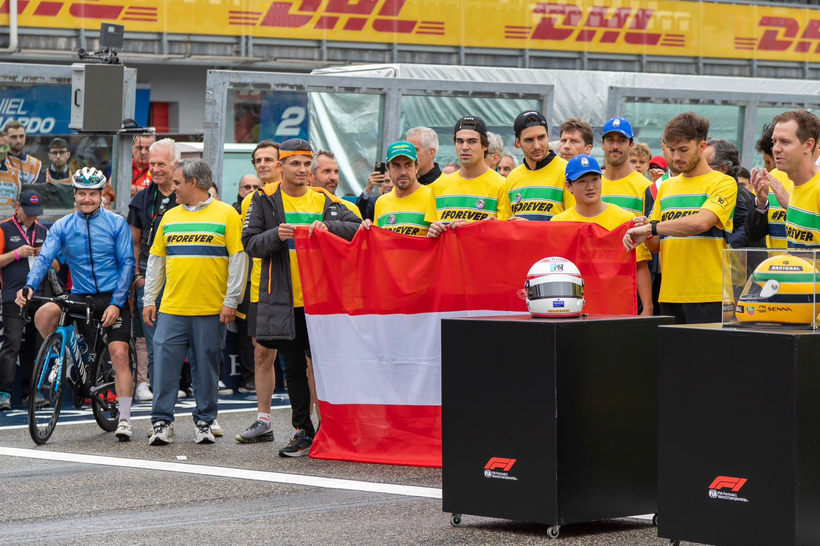 Valtteri Bottas #77, Stake F1 Team Kick Sauber, Juan Pablo Montoya, Pedro de la Rosa, Lando Norris #4, McLaren Formula 1 Team, Fernando Alonso #14, Aston Martin Aramco F1 Team, Lance Stroll #18, Aston Martin Aramco F1 Team, Esteban Ocon #31, BWT Alpine F1 Team, Yuki Tsunoda #22, Visa Cash App RB Formula One Team, Daniel Ricciardo, #3, Visa Cash App RB Formula One Team, Pierre Gasly #10, BWT Alpine F1 Team, Sebastian Vettel; F1 GP Imola / Italien Donnerstag, 16.05.2024