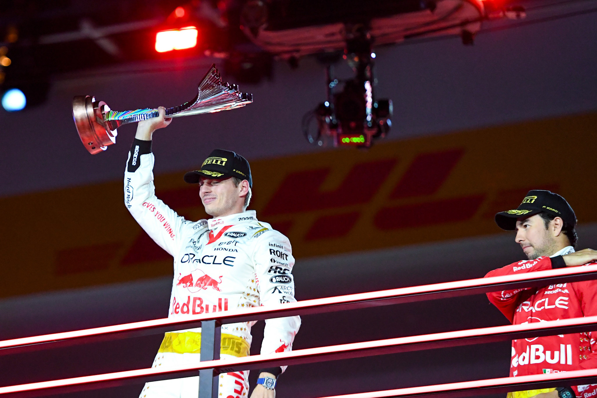 Max Verstappen (NED) Red Bull Racing auf dem Podium;Formel 1 GP USA Las Vegas. Sonntag 19.11.2023