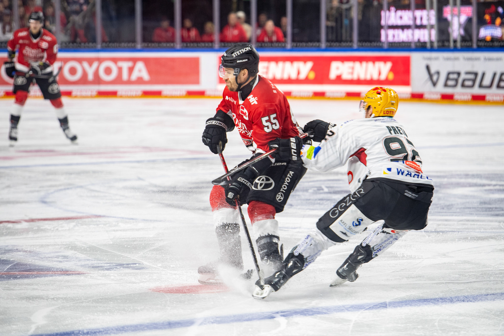 Carter Proft und Philipp Preto im Zweikampf. DEL Kölner Haie - Fishtown Pinguins Bremerhaven, 30.01.2024
