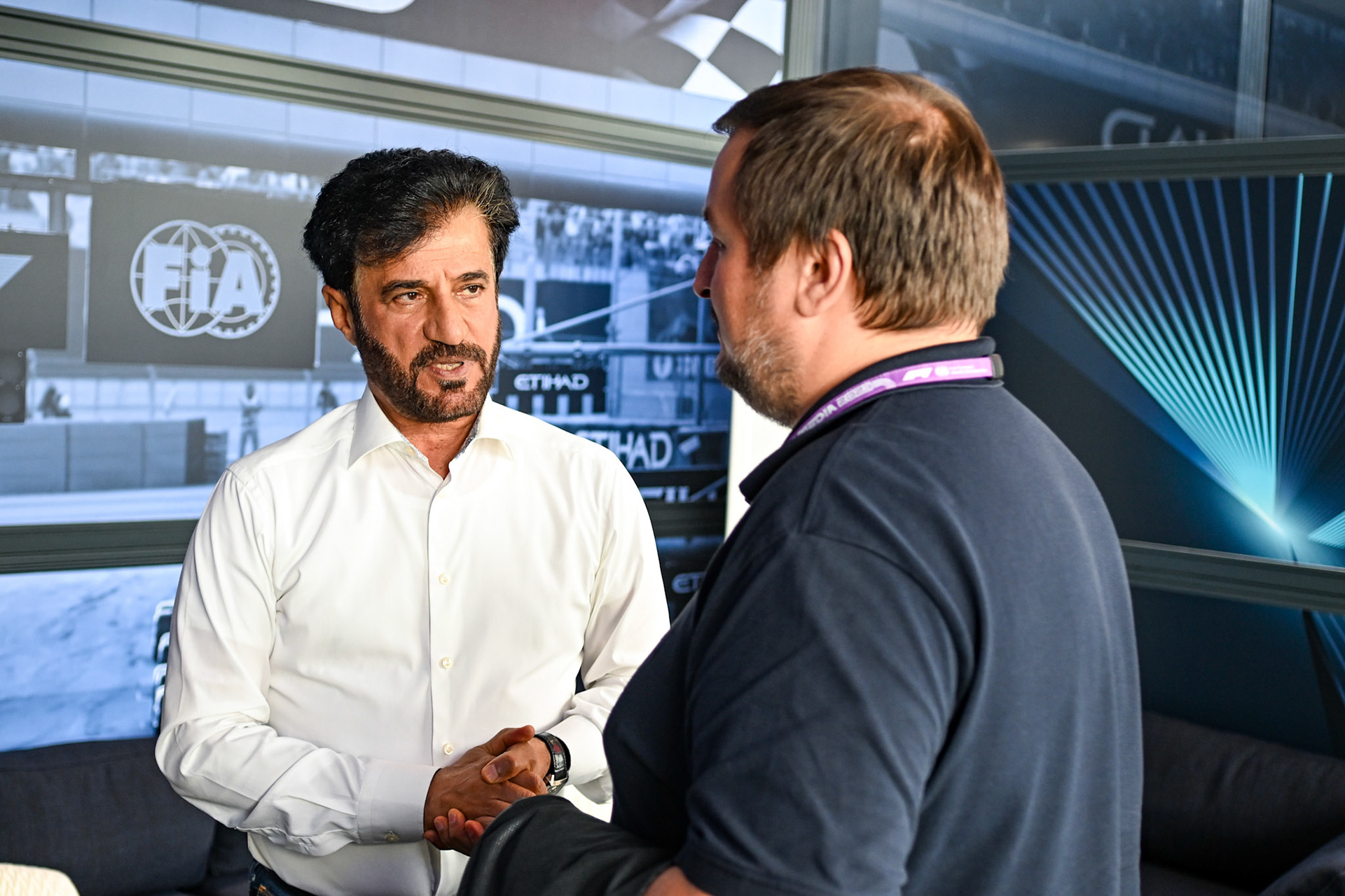 Mohammed bin Sulayem im Interview mit Christian Nimmervoll; Formel 1 GP Spa Francorchamps/ Belgien. Samstag, 29.07.2023