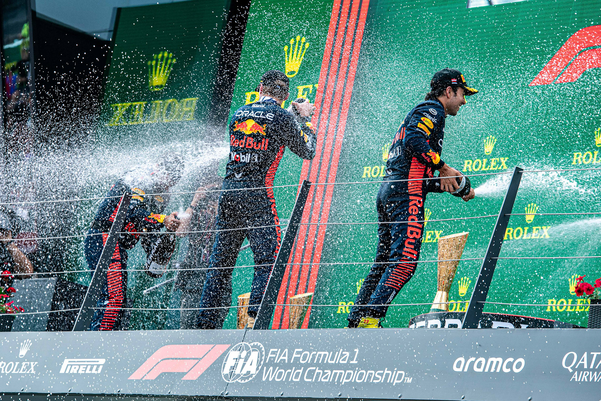 Podium in. Österreich mit Max Verstappen, Sergio Perez und Chales Leclerc; Formel 1 GP Austria / Österreich. Sonntag, 02.07.2023