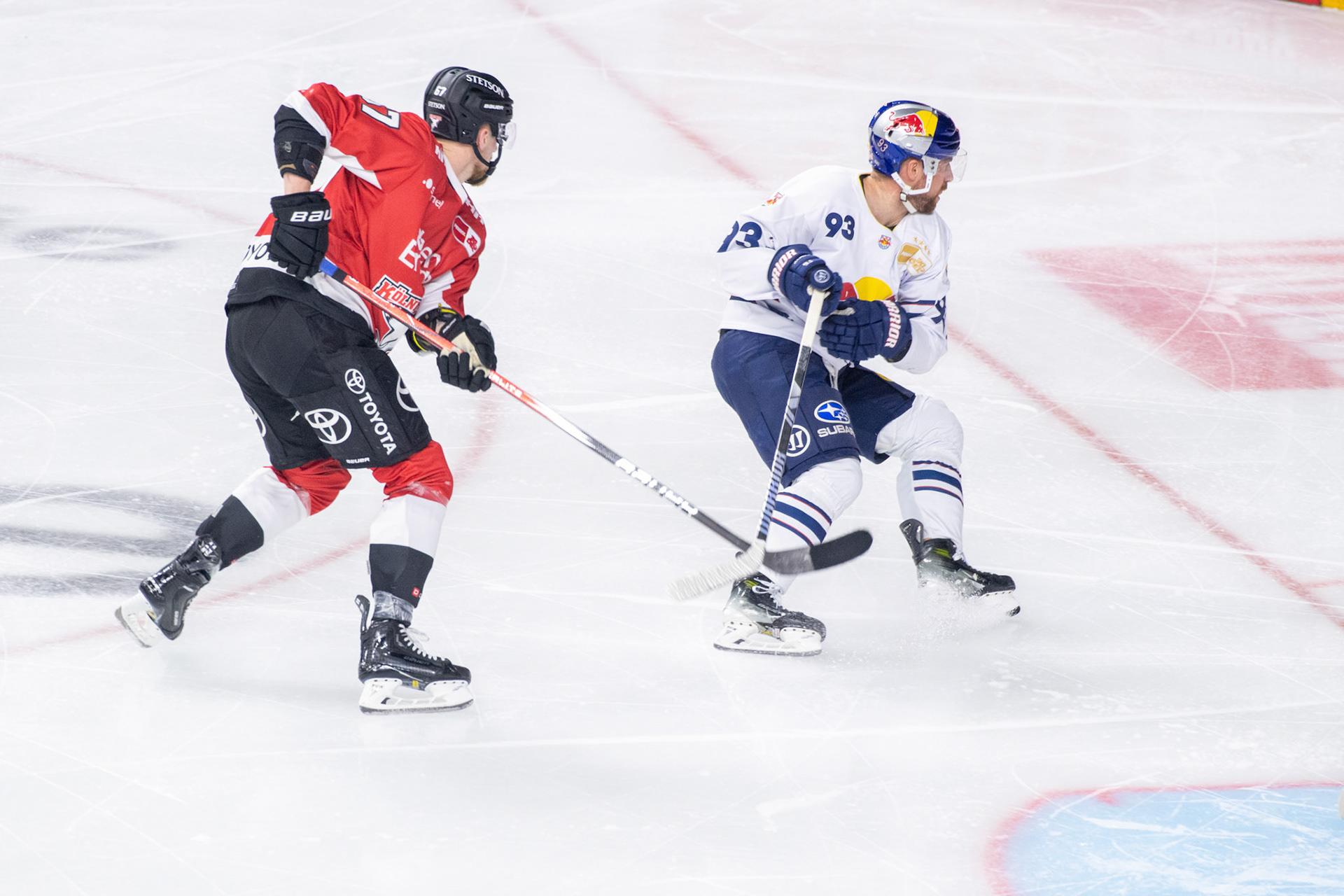 Stanislav Dietz im Zweikampf mit Maximilian Kastner; DEL Kölner Haie - EHC Red Bull München, 27.10.2023