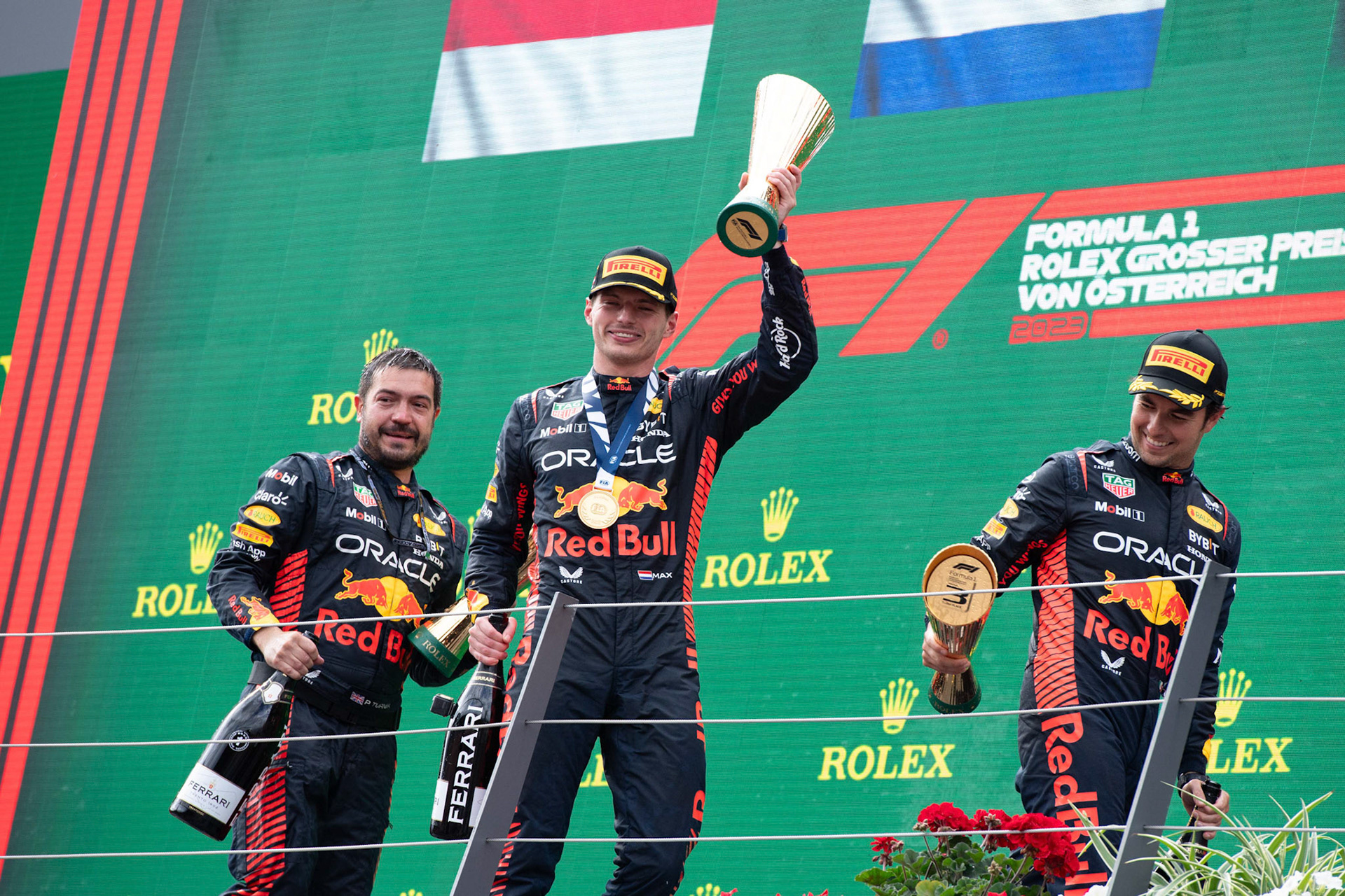 Podium in. Österreich mit Max Verstappen, Sergio Perez und Chales Leclerc; Formel 1 GP Austria / Österreich. Sonntag, 02.07.2023