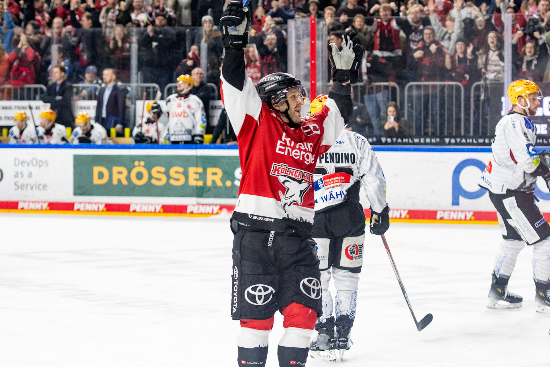 Frederik Storm beim Torjubel; DEL Kölner Haie - Fishtown Pinguins Bremerhaven, 30.01.2024