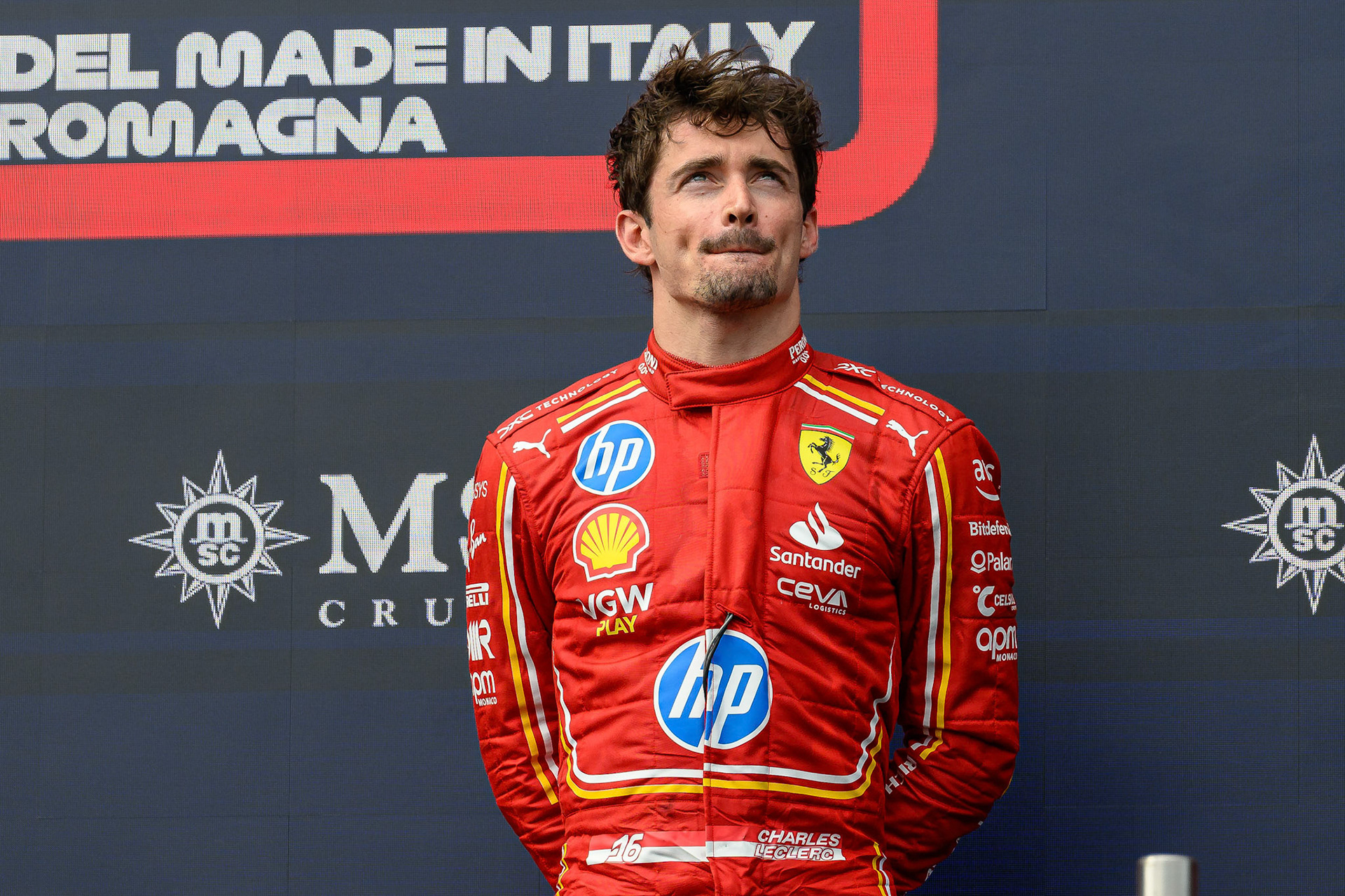 Charles Leclerc #16, Scuderia Ferrari auf dem Podium.; F1 GP Imola / Italien Sonntag, 19.05.2024