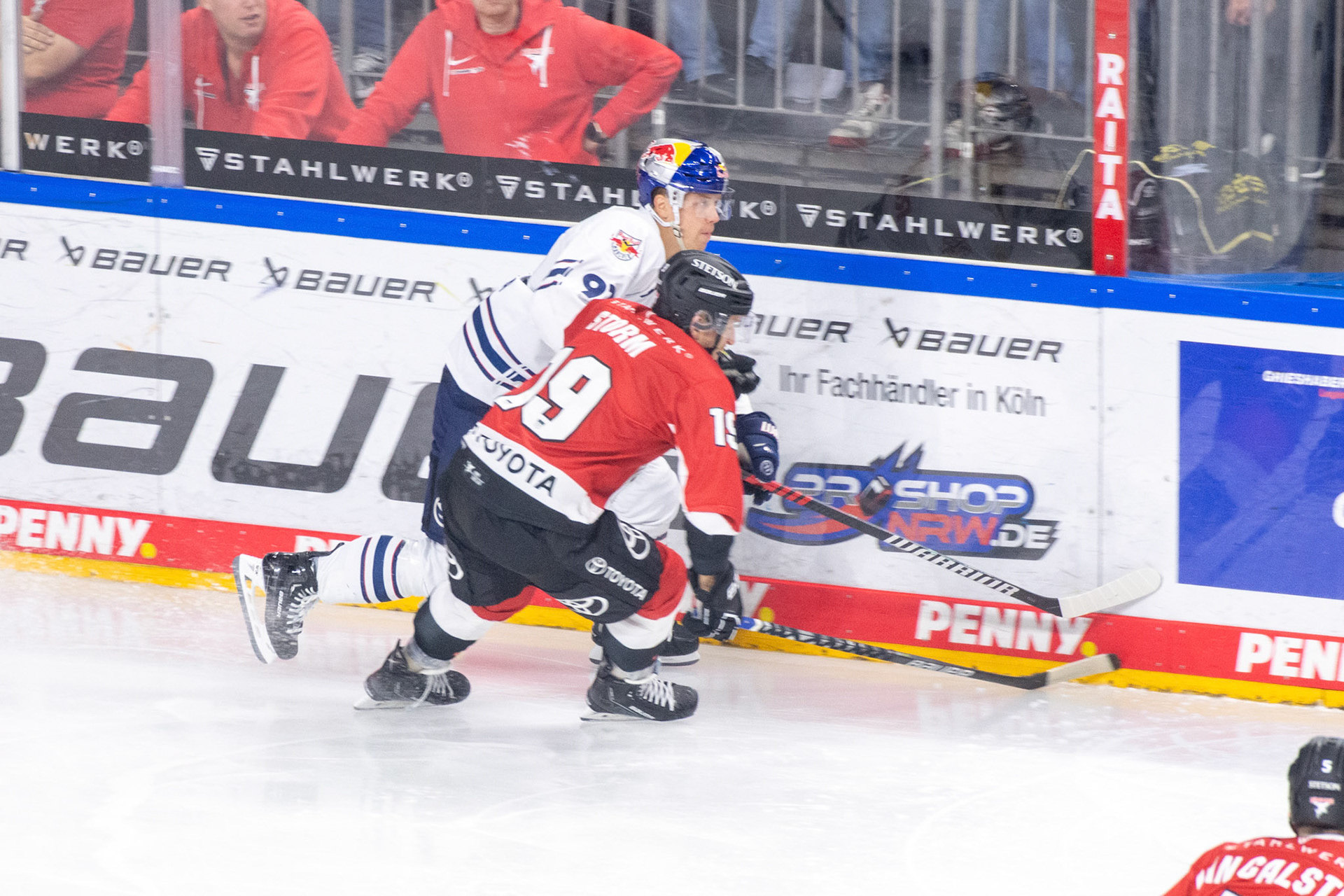 Frederik Storm im Zweikampf; DEL Kölner Haie - EHC Red Bull München, 27.10.2023