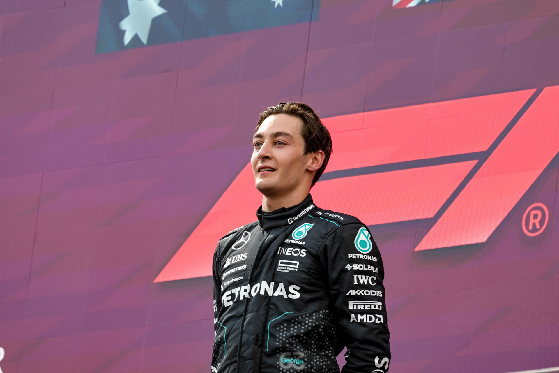 George Russell #63, Mercedes-AMG Petronas F1 Team auf dem Podium.;Formel 1 GP Austria / Österreich. Sonntag, 30.06.2024