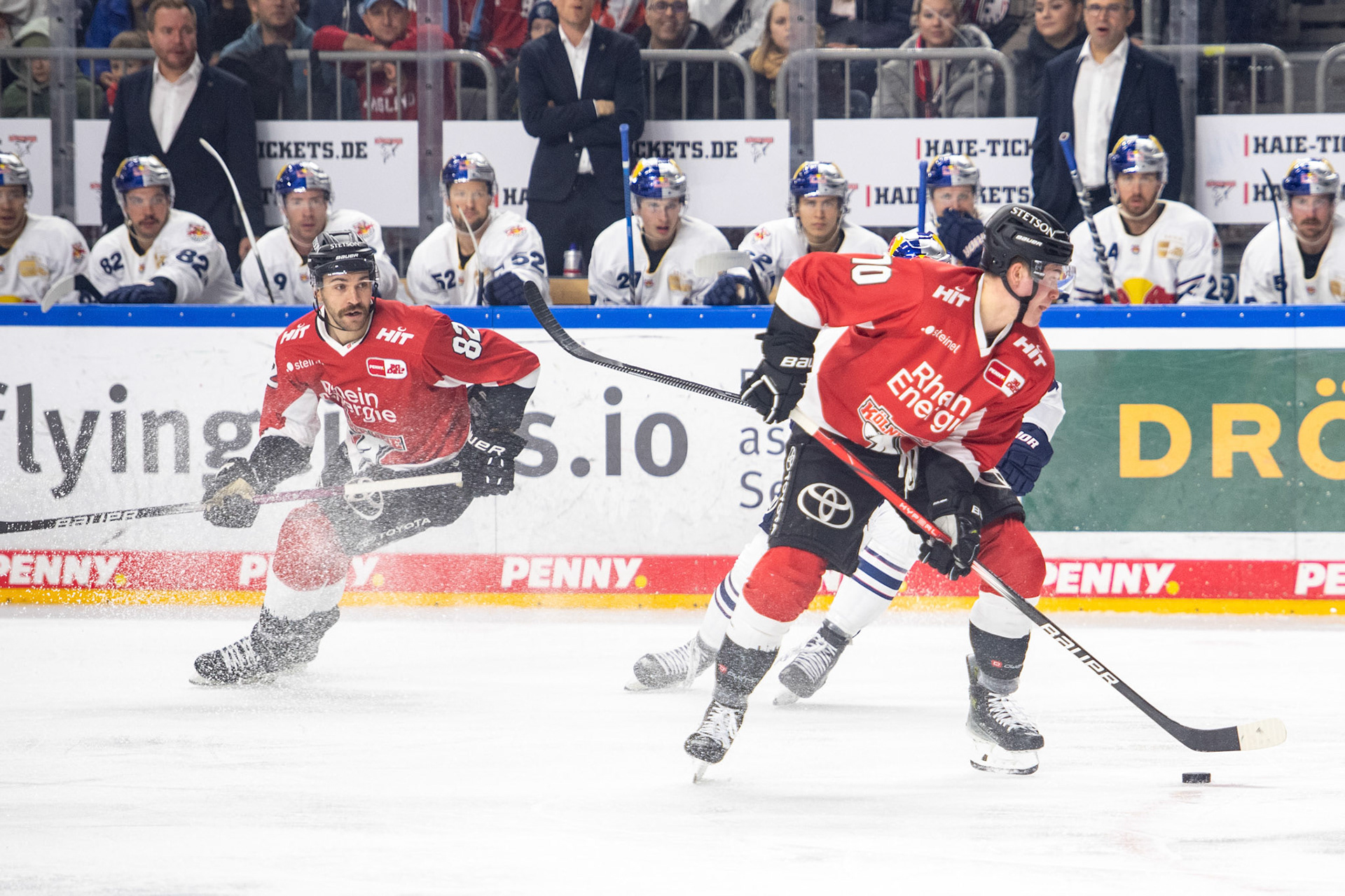 Justin Schuetz, Alexandre Grenter; DEL Kölner Haie - EHC Red Bull München, 27.10.2023