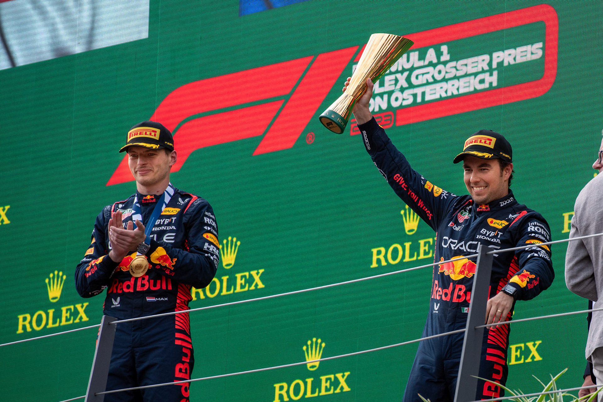 Podium in. Österreich mit Max Verstappen, Sergio Perez und Chales Leclerc; Formel 1 GP Austria / Österreich. Sonntag, 02.07.2023
