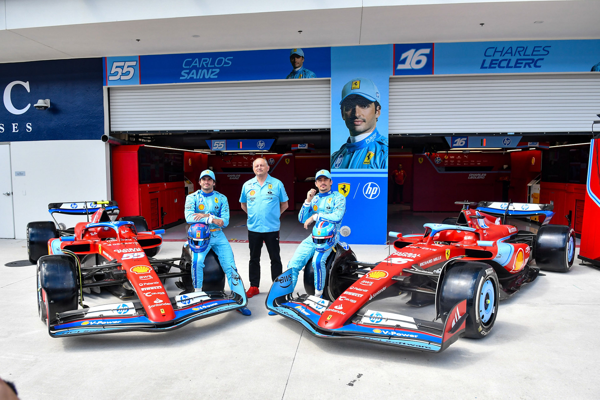 Charles Leclerc #16, Scuderia Ferrari, Carlos Sainz #55, Scuderia Ferrari, Frederic Vasseur; Formel 1 GP Miami / USA. 04.05.2024