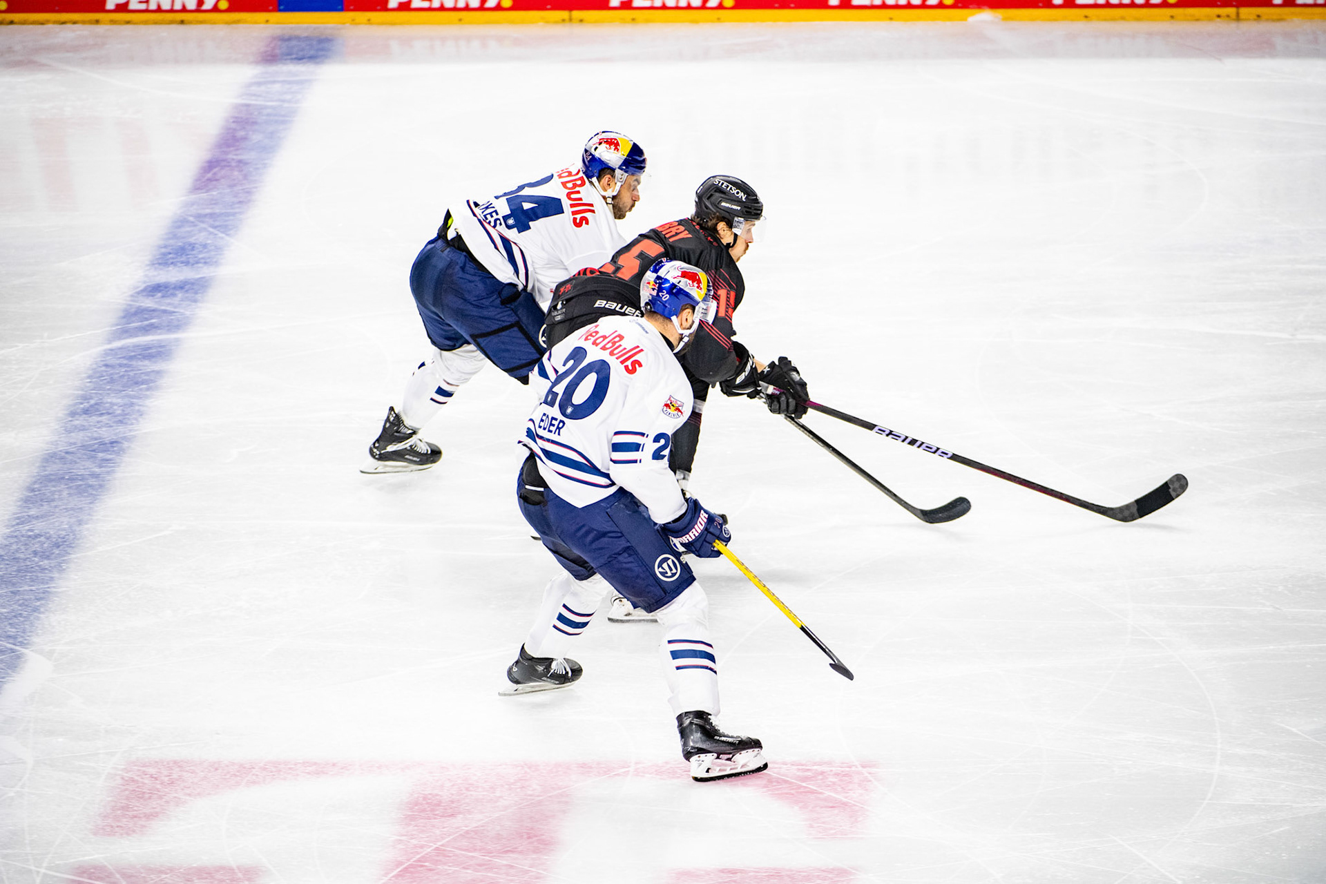 Andreas Eder, Louis Marc Aubry, Trevor Parkes; DEL Kölner Haie - EHC Red Bull München, 05.01.2024