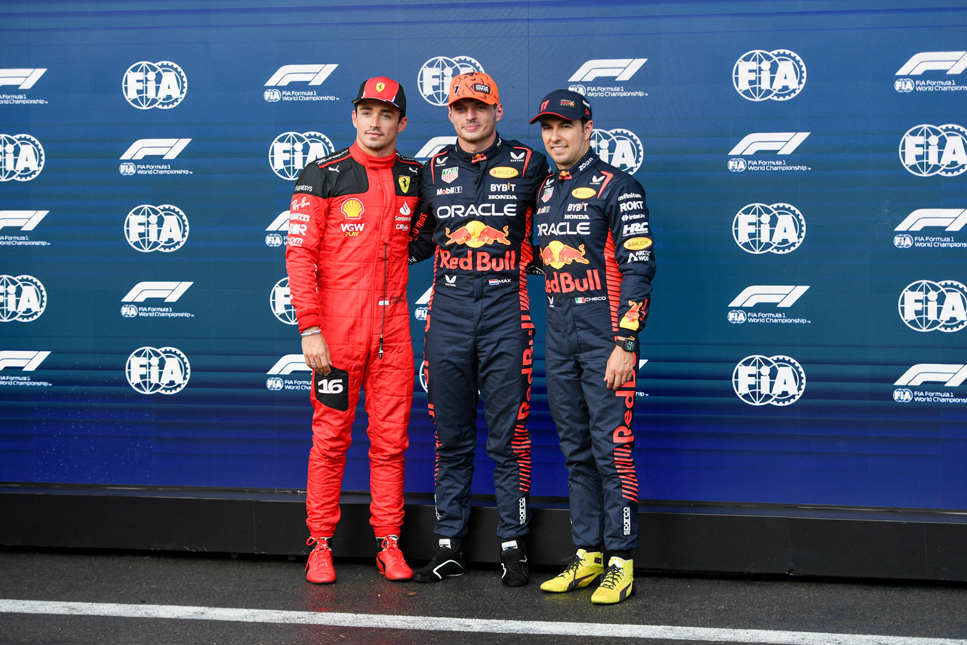 Podium in Spa mit Max Verstappen, Charles Leclerc und Sergio Perez; Formel 1 GP Spa Francorchamps/ Belgien. Freitag, 28.07.2023