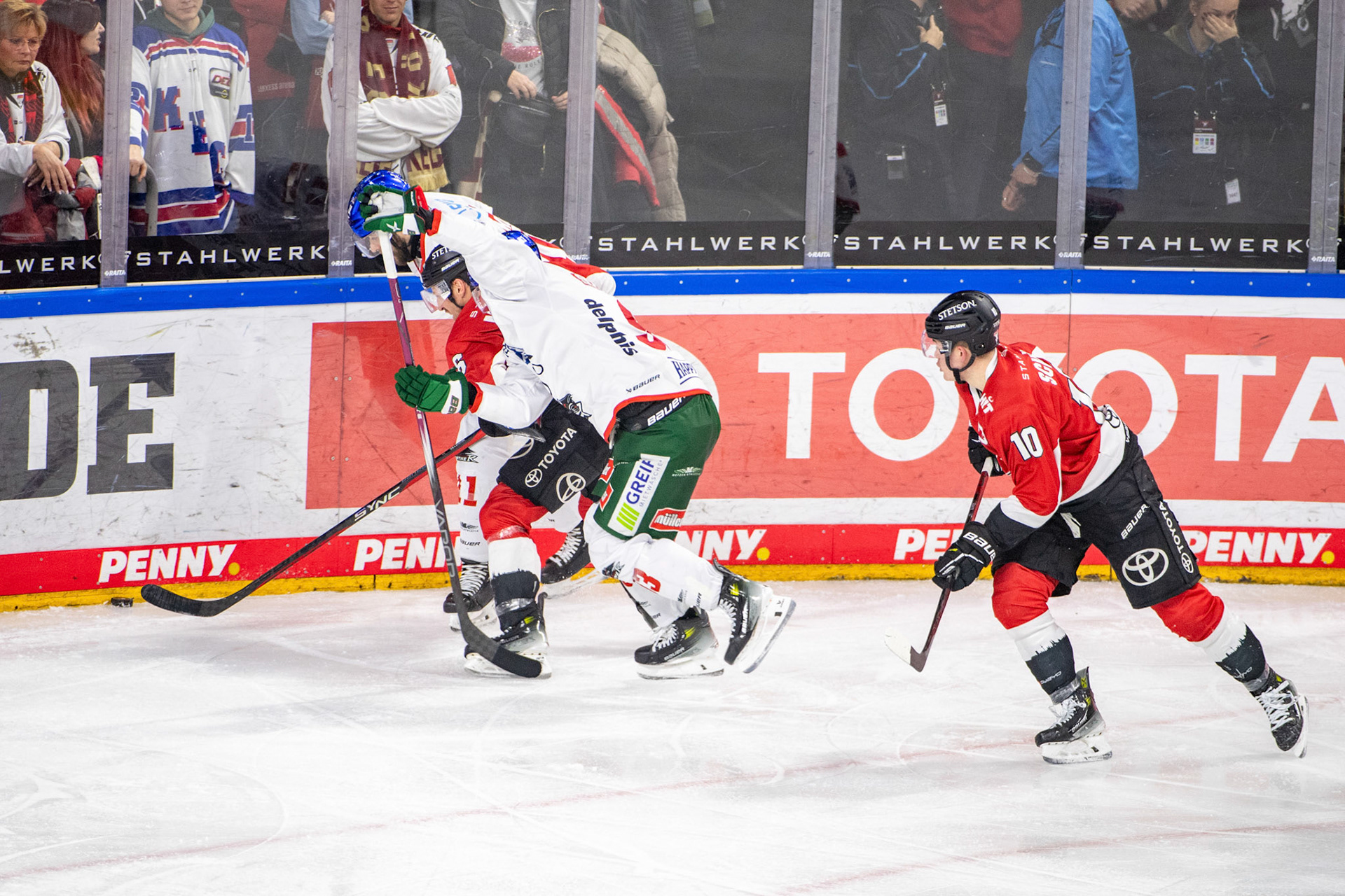 Koelner Haie im Zweikampf; DEL Kölner Haie - Augsburger Panther, 19.11.2023