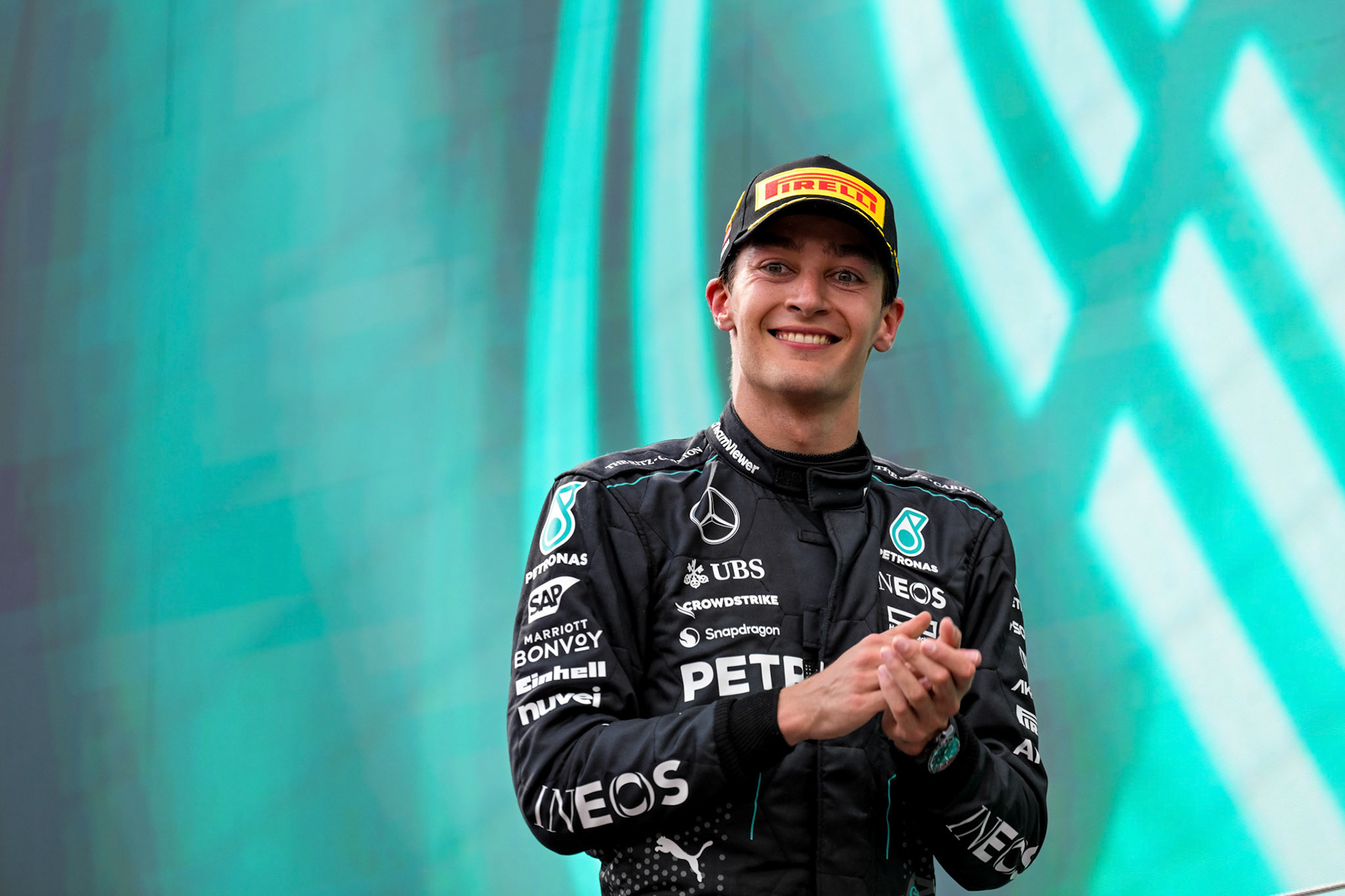 George Russell #63, Mercedes-AMG Petronas F1 Team auf dem Podium.;Formel 1 GP Austria / Österreich. Sonntag, 30.06.2024
