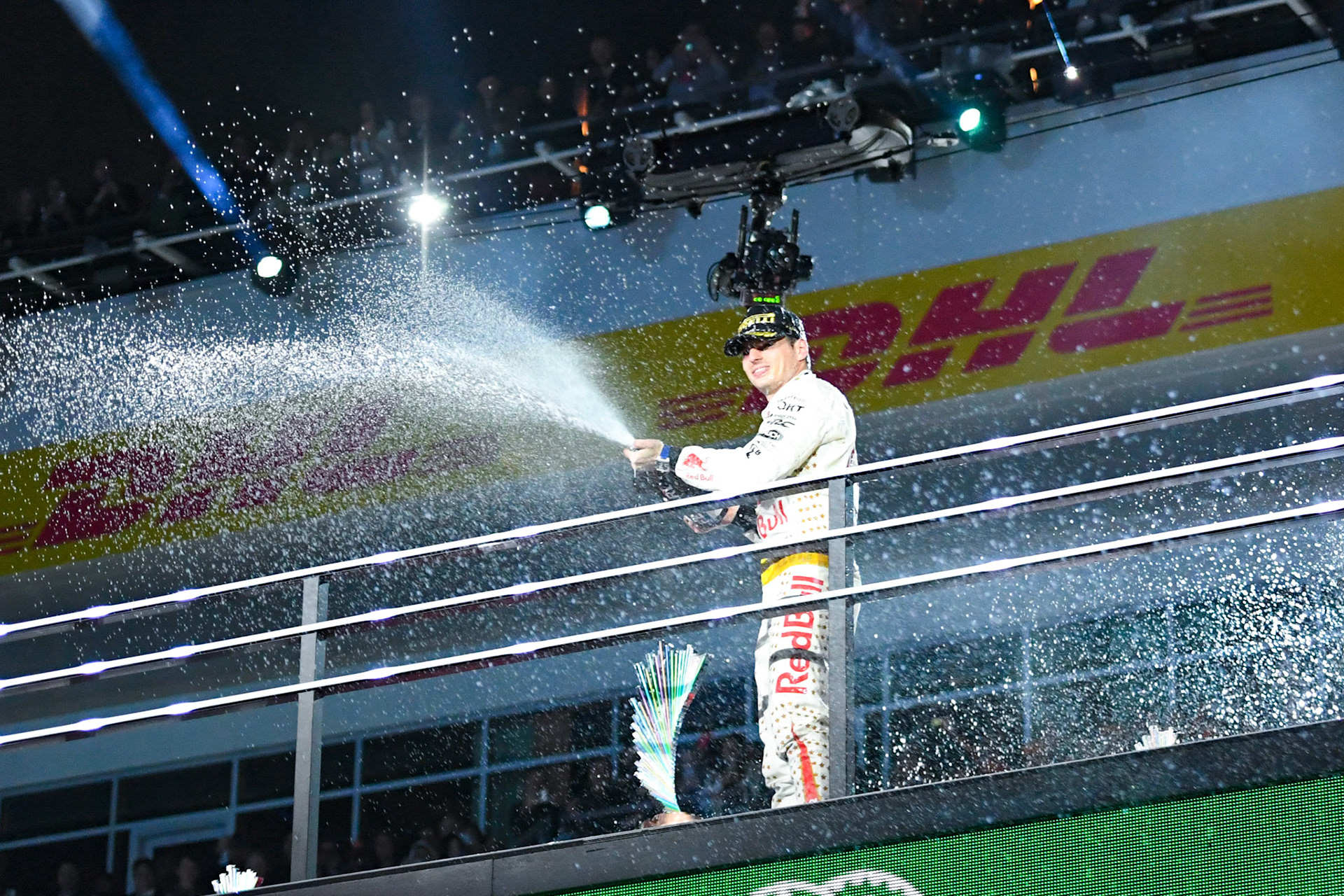 Max Verstappen (NED) Red Bull Racing auf dem Podium;Formel 1 GP USA Las Vegas. Sonntag 19.11.2023