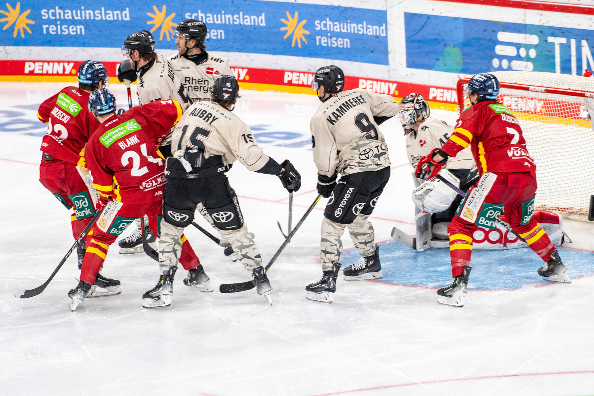 Maximilian Kammerer, Louis Marc Aubry, Kohen Olischefski, Alexander Blank; DEL Düsseldorfer EG - Kölner Haie, 25.02.2024