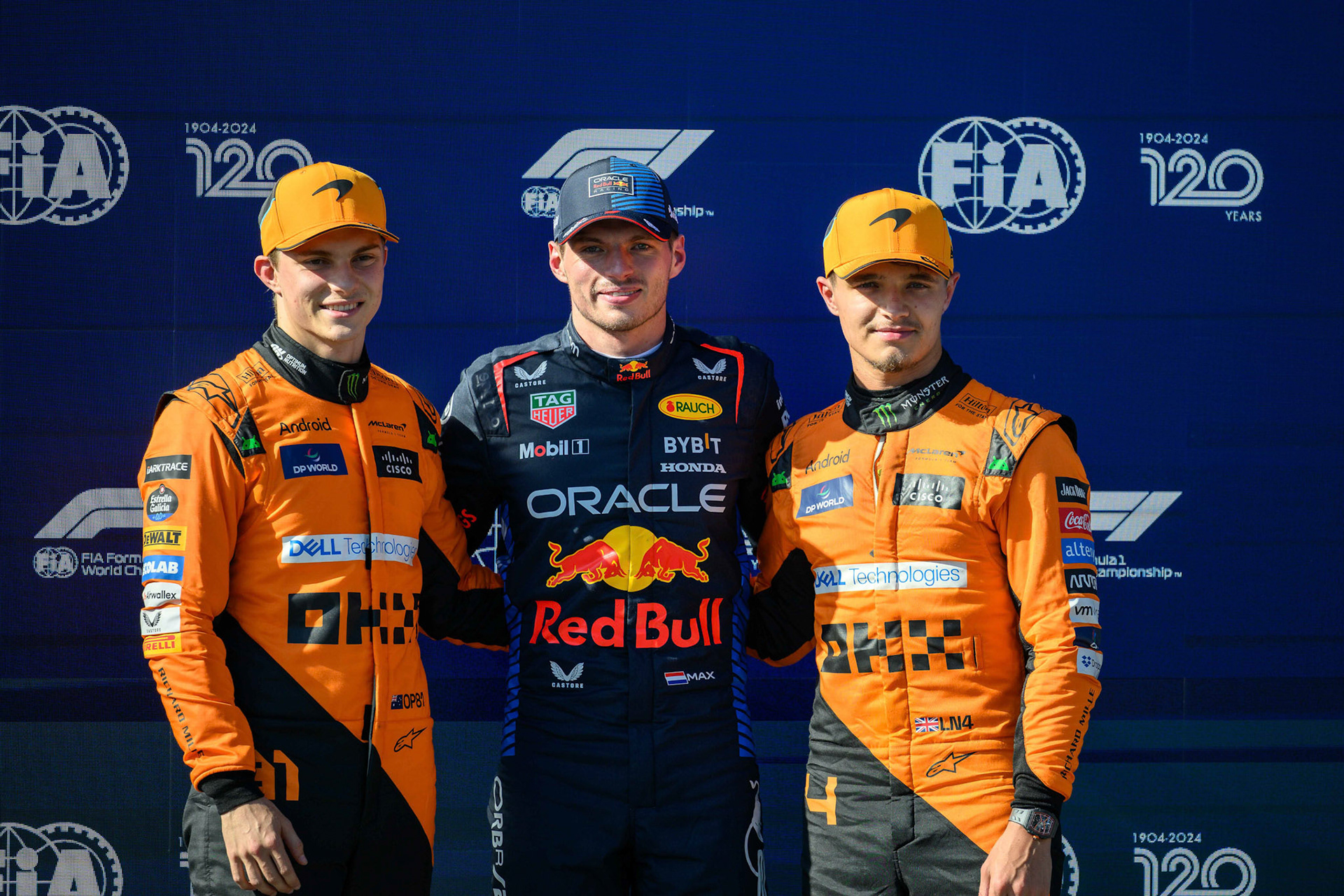 Oscar Piastri #81, McLaren Formula 1 Team und Max Verstappen #1, Oracle Red Bull Racing und Lando Norris #4, McLaren Formula 1 Team; F1 GP Imola / Italien Samstag, 18.05.2024