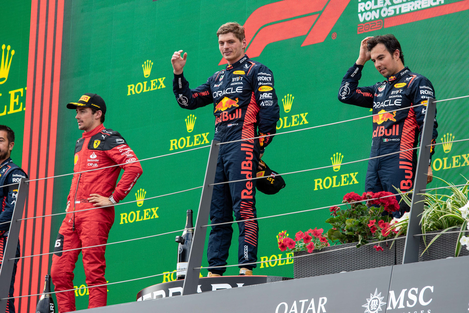 Podium in. Österreich mit Max Verstappen, Sergio Perez und Chales Leclerc; Formel 1 GP Austria / Österreich. Sonntag, 02.07.2023