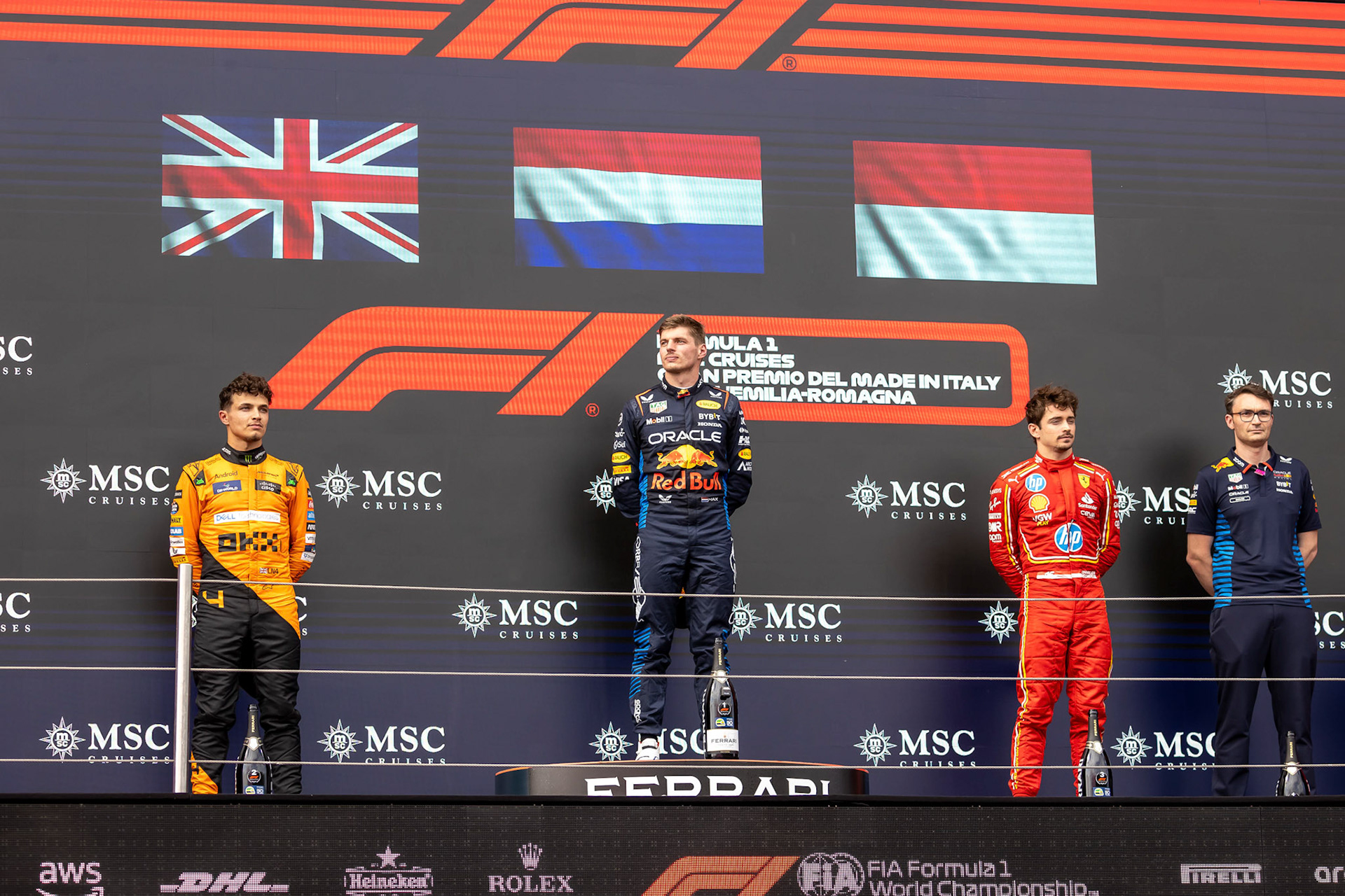 Max Verstappen #1, Oracle Red Bull Racing und Lando Norris #4, McLaren Formula 1 Team und Charles Leclerc #16, Scuderia Ferrari auf dem Podium.; F1 GP Imola / Italien Sonntag, 19.05.2024