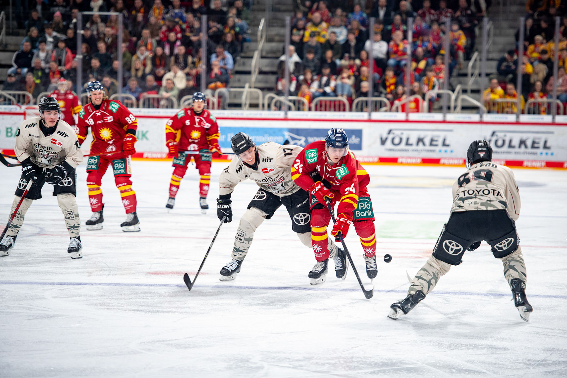 Jan Luca Sennhenn im Zweikampf mit Alexander Blank; DEL Düsseldorfer EG - Kölner Haie, 25.02.2024