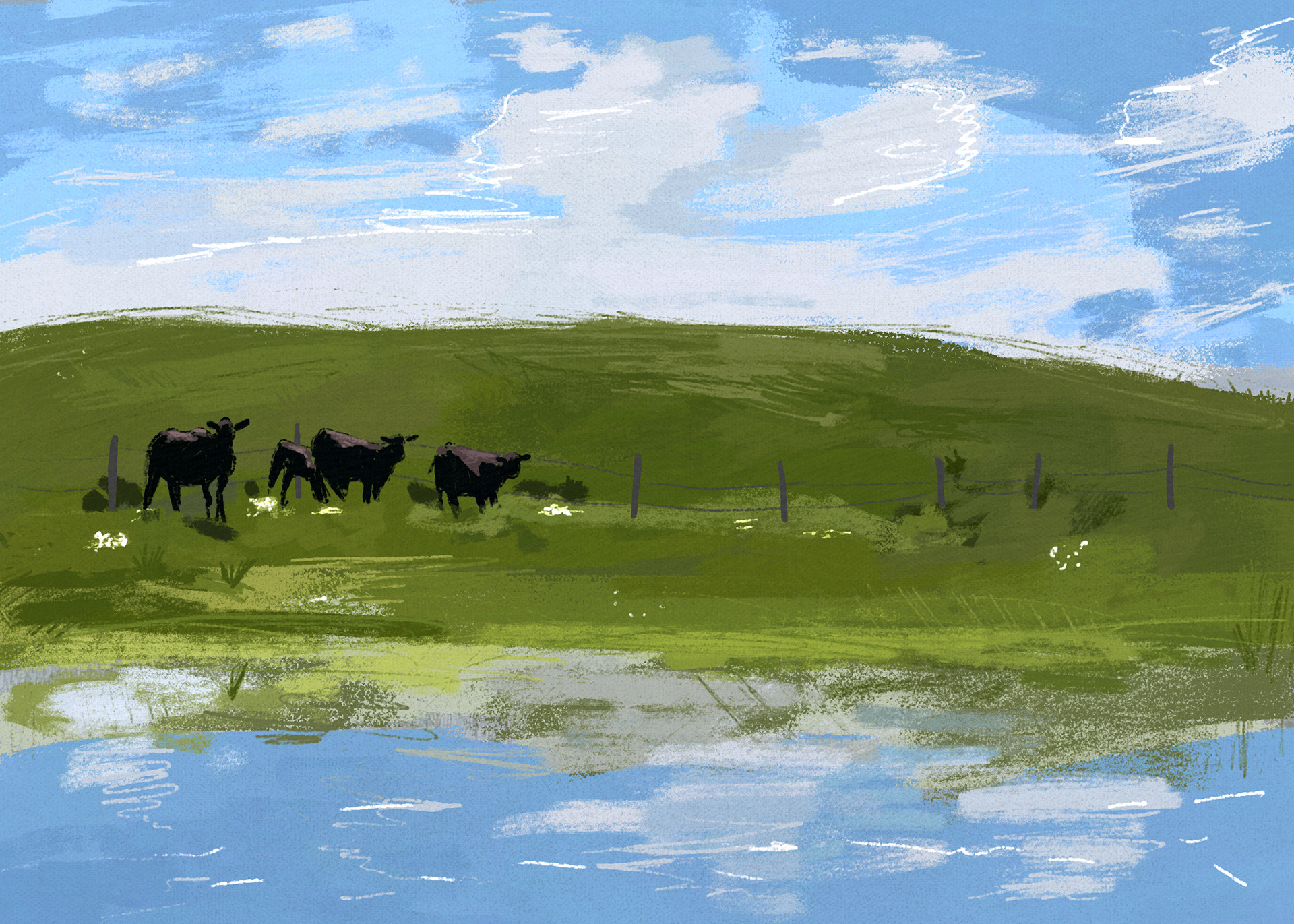 cows in a field digital painting