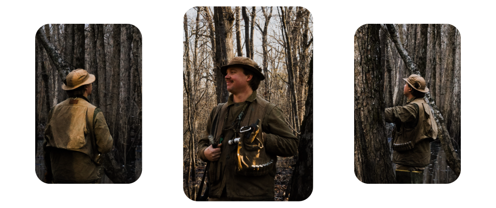 A collage of three atmospheric portraits of a waterfowl hunter standing in flooded timber. The sportsman is wearing a tan hat and a shell-loaded field vest, shown holding waterfowl calls, smiling, and navigating the water-filled woods among bare trees.