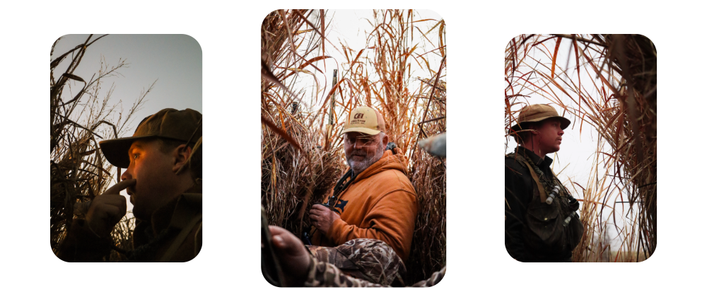 A collage of three atmospheric outdoor portraits showing waterfowl hunters in field gear, waiting patiently inside tall, dry grass hunting blinds.