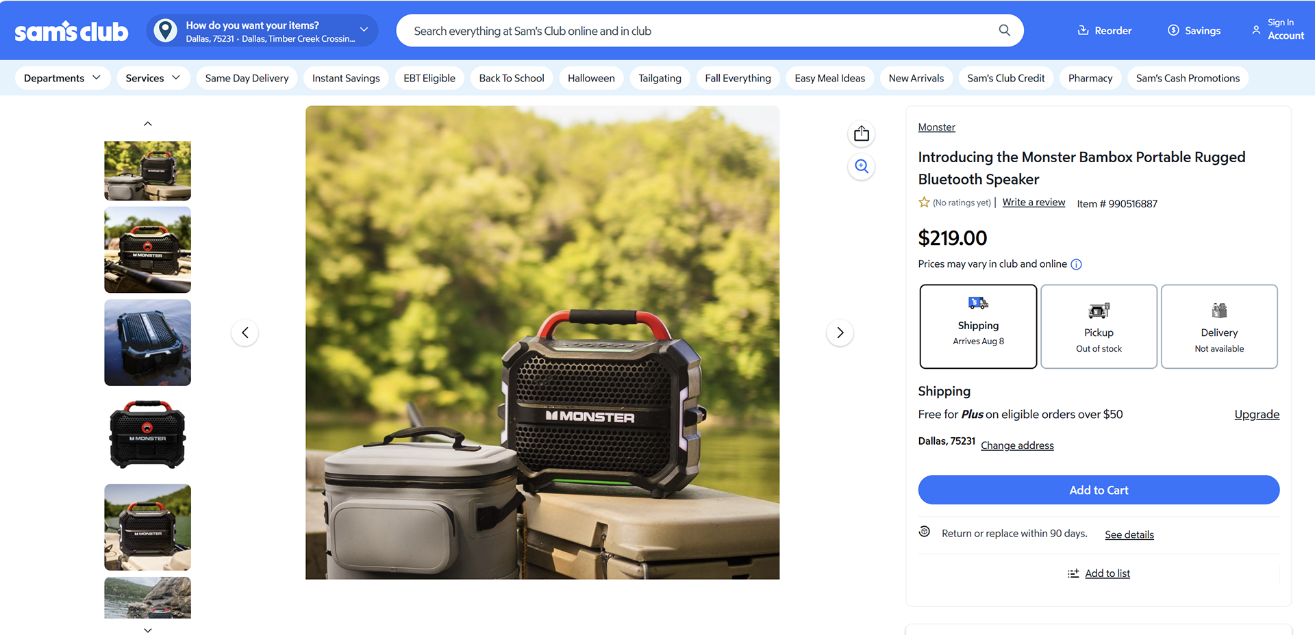 Live tear sheet of Sam's Club product photography for Monster BamBox in a natural outdoor setting.