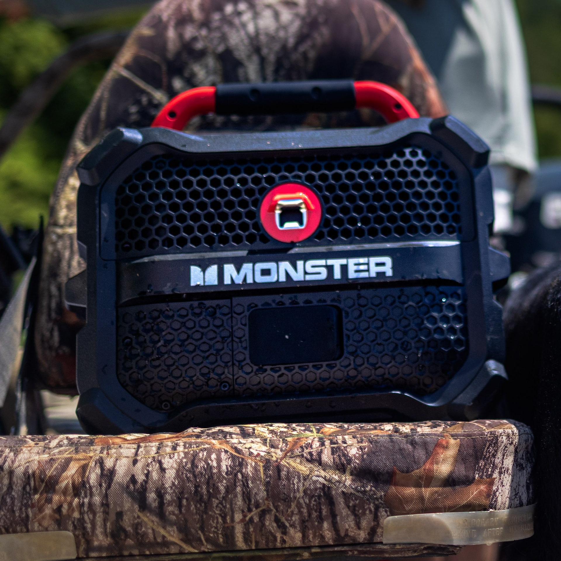 Sam's Club e-commerce listing featuring Arkansas commercial product photography of the Monster BamBox on a camo seat in a fishing boat.