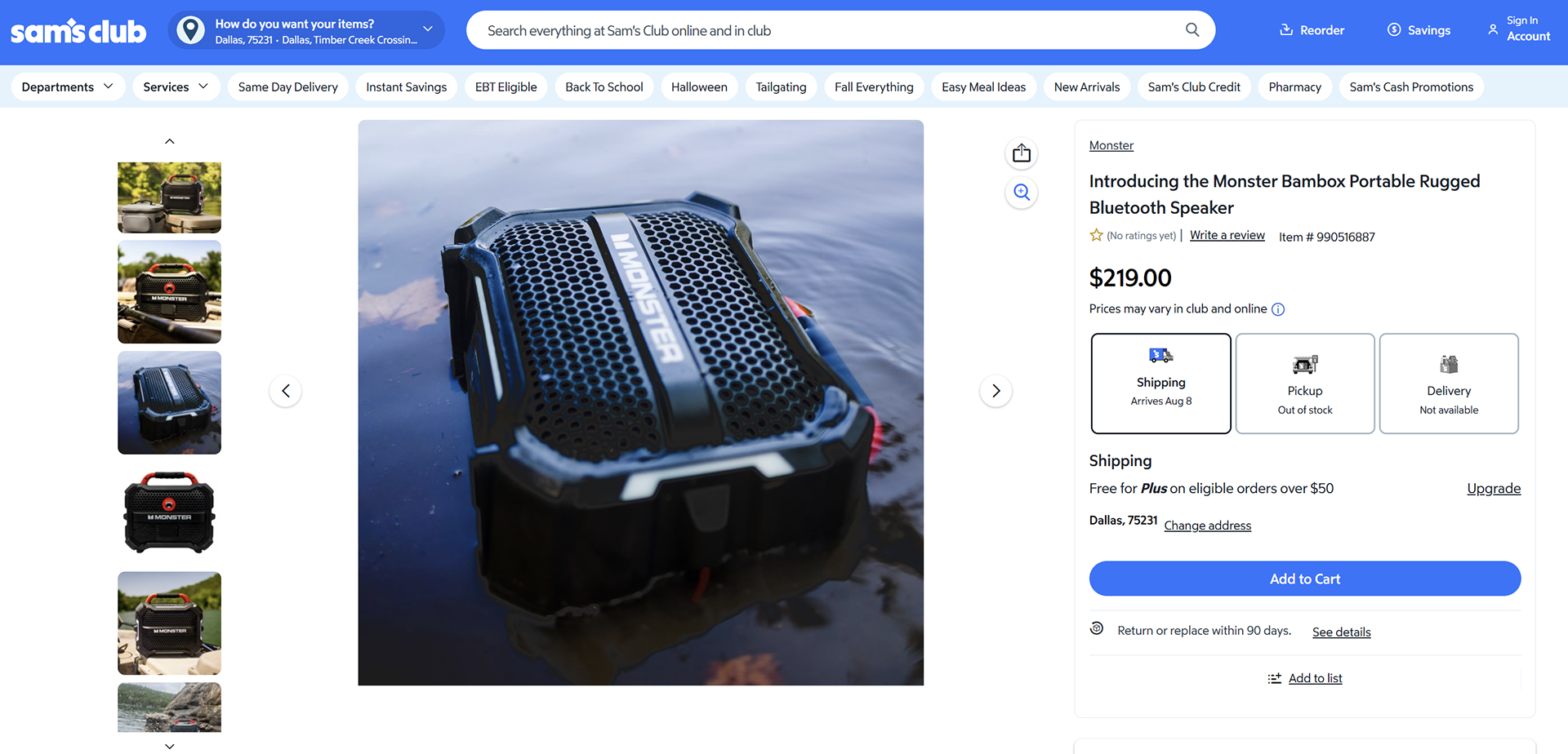Sam's Club product detail page displaying waterproof Monster bluetooth speaker floating in water.