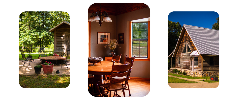 Collage of a rustic short-term rental property showcasing a sunlit outdoor stone patio gathering space, a warm interior dining room with a round wooden table and natural light, and the exterior of a wood-sided vacation cabin with a steep metal roof and stone foundation.
