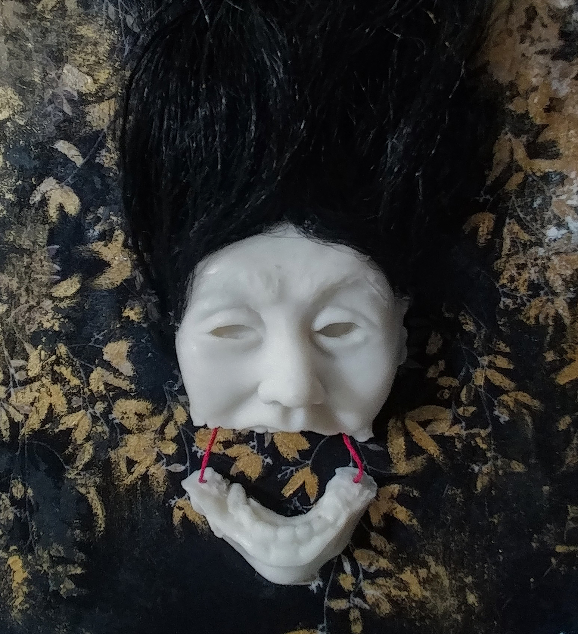 MultiMedia Sculpture | Poly Clay, fabric, gold leaf, acrylic paint, thread, faux hair