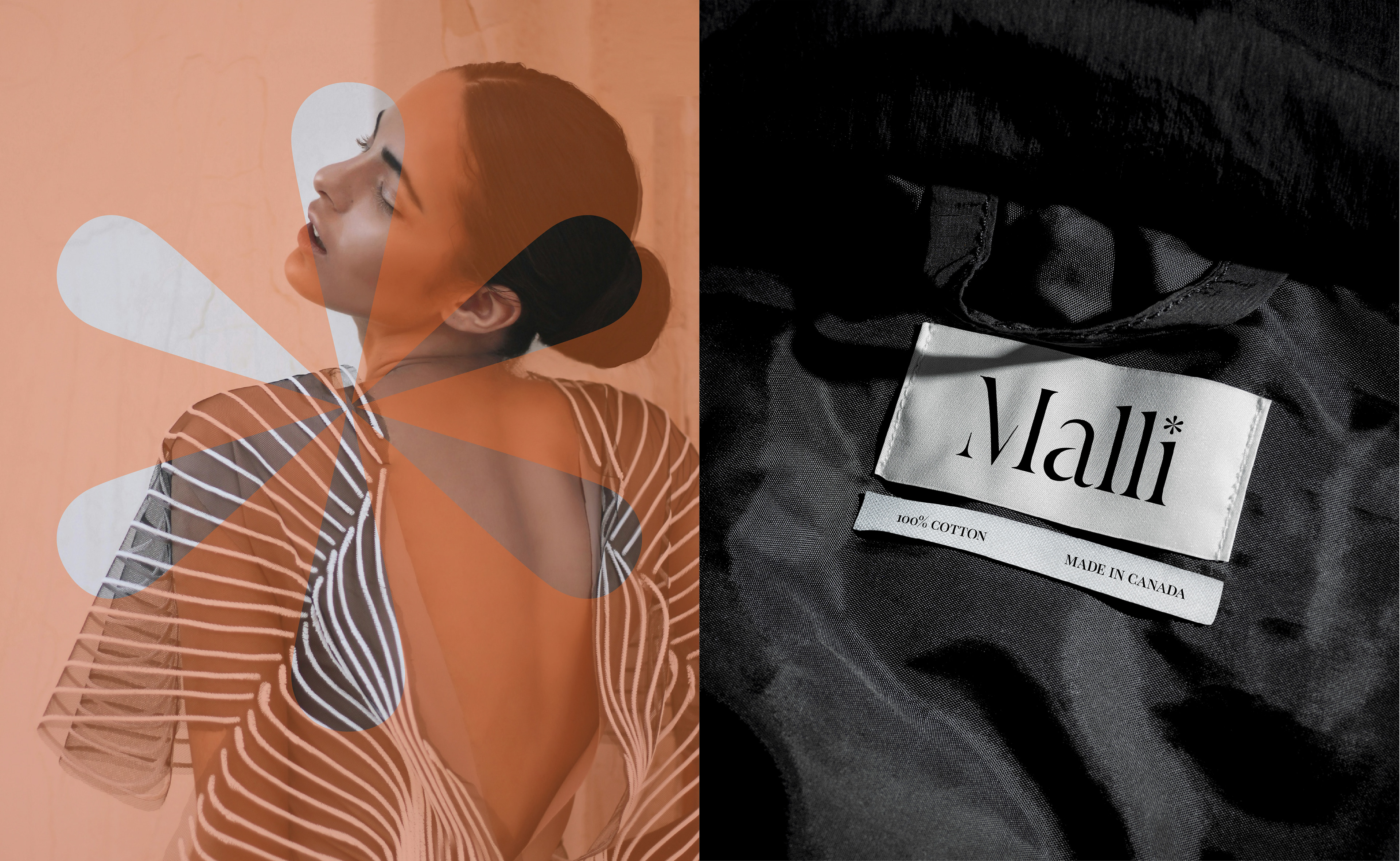 Brandmark being used as a mask against a model's photo; inner cloth label