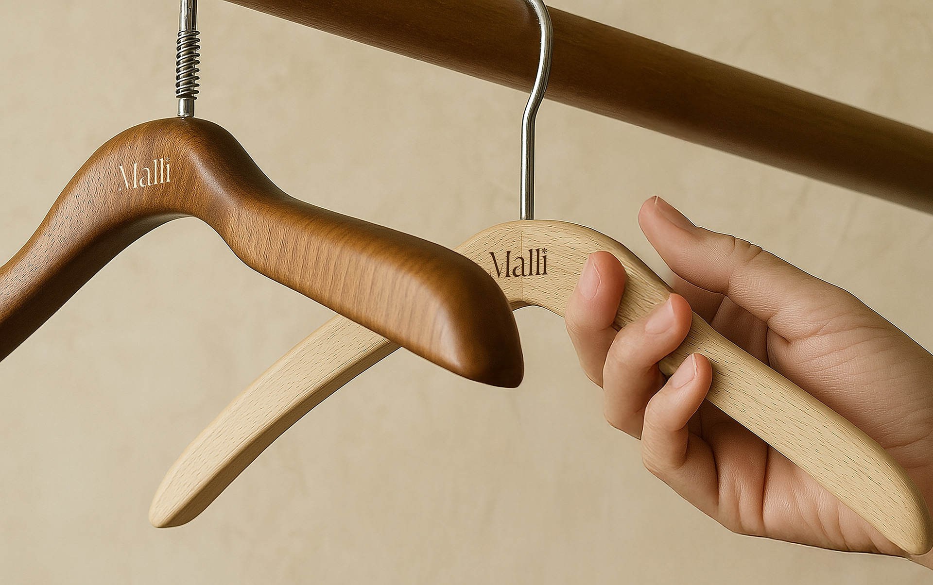 engraved brand logo on wooden cloth hangers