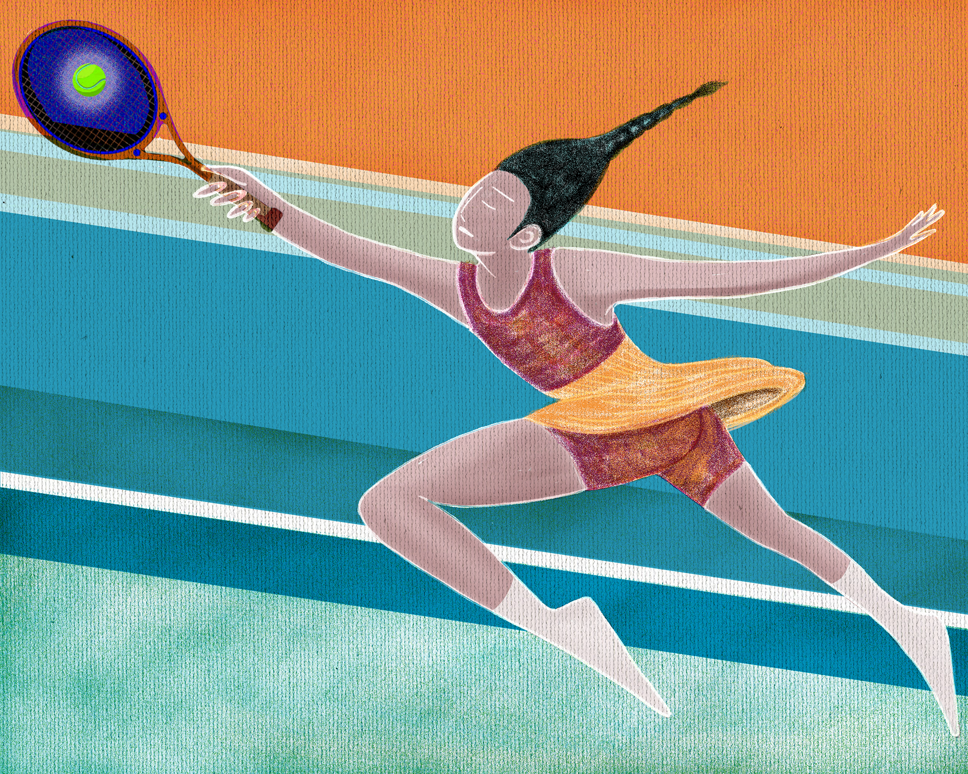 Personal mid-size illustration inspired by Netflix’s Break Point, showing a tennis player at the peak of a winning serve. Diagonal lines emphasize the movement and dynamism, while the ball resting on the racket glows like a star, symbolizing the suspended, “magical” moment of sporting triumph. Personal project, no affiliation with The New Yorker or Netflix. Illustration by Silvia Sardellaro