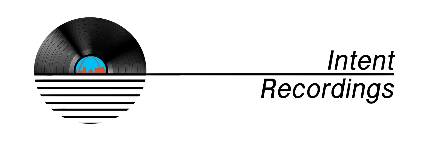 Logo design for Intent Recordings by Silvia Sardellaro, featuring the St. Louis skyline centered within a vinyl record. The design reflects the label’s identity, connecting its geographic roots with music culture, emphasizing classic, soulful, and danceable house music.