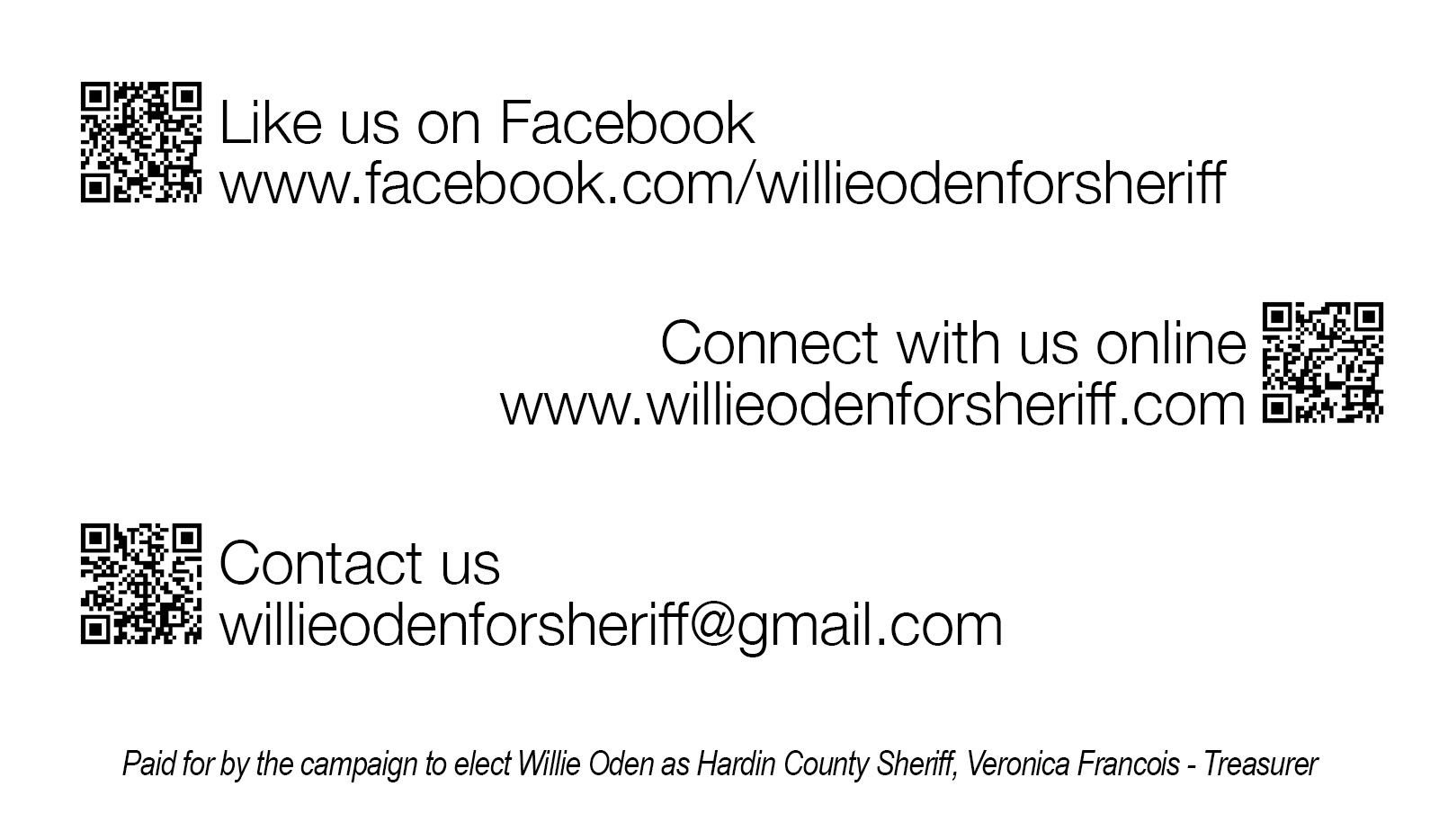 Back of Willie Oden business Card