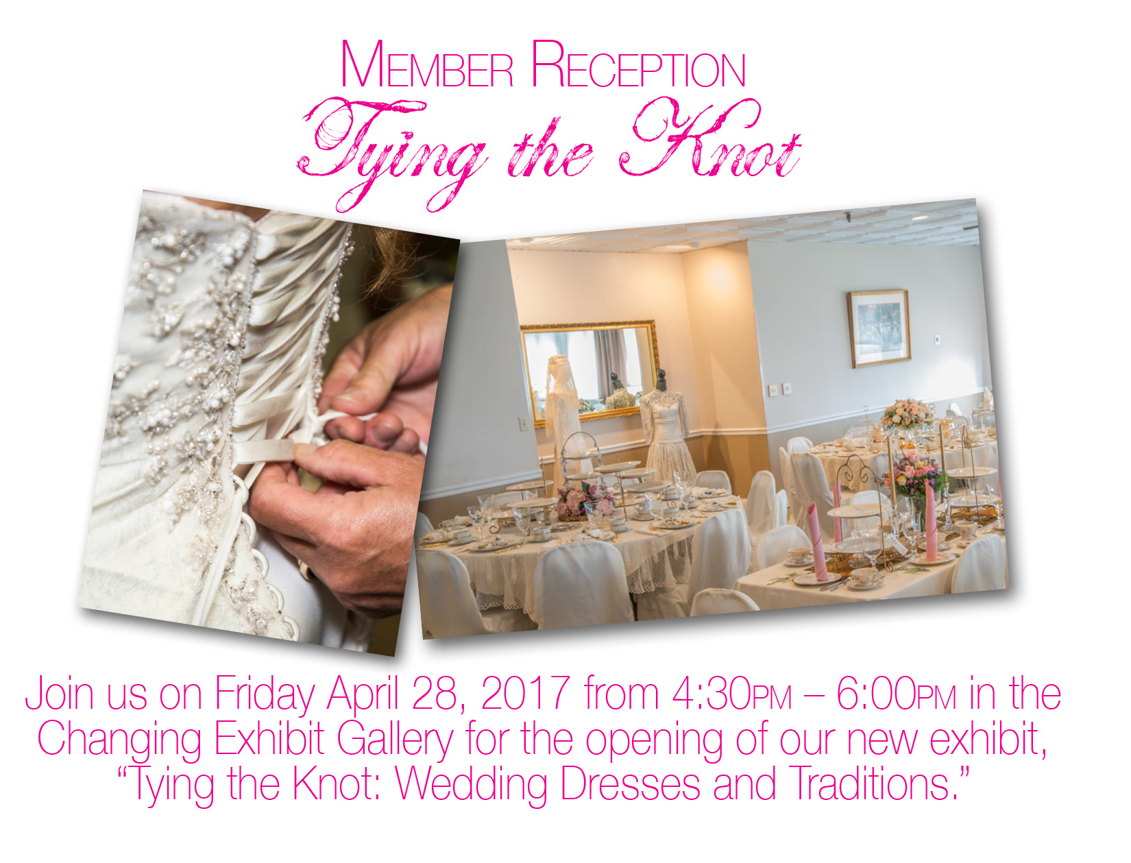 Invitation to member reception for new exhibit . Sent through direct mail, email, and used as a social media post. Photography and editing completed in Adobe Photoshop. Layout design and copywriting composed in InDesign. All work by Amanda Hankinson.
