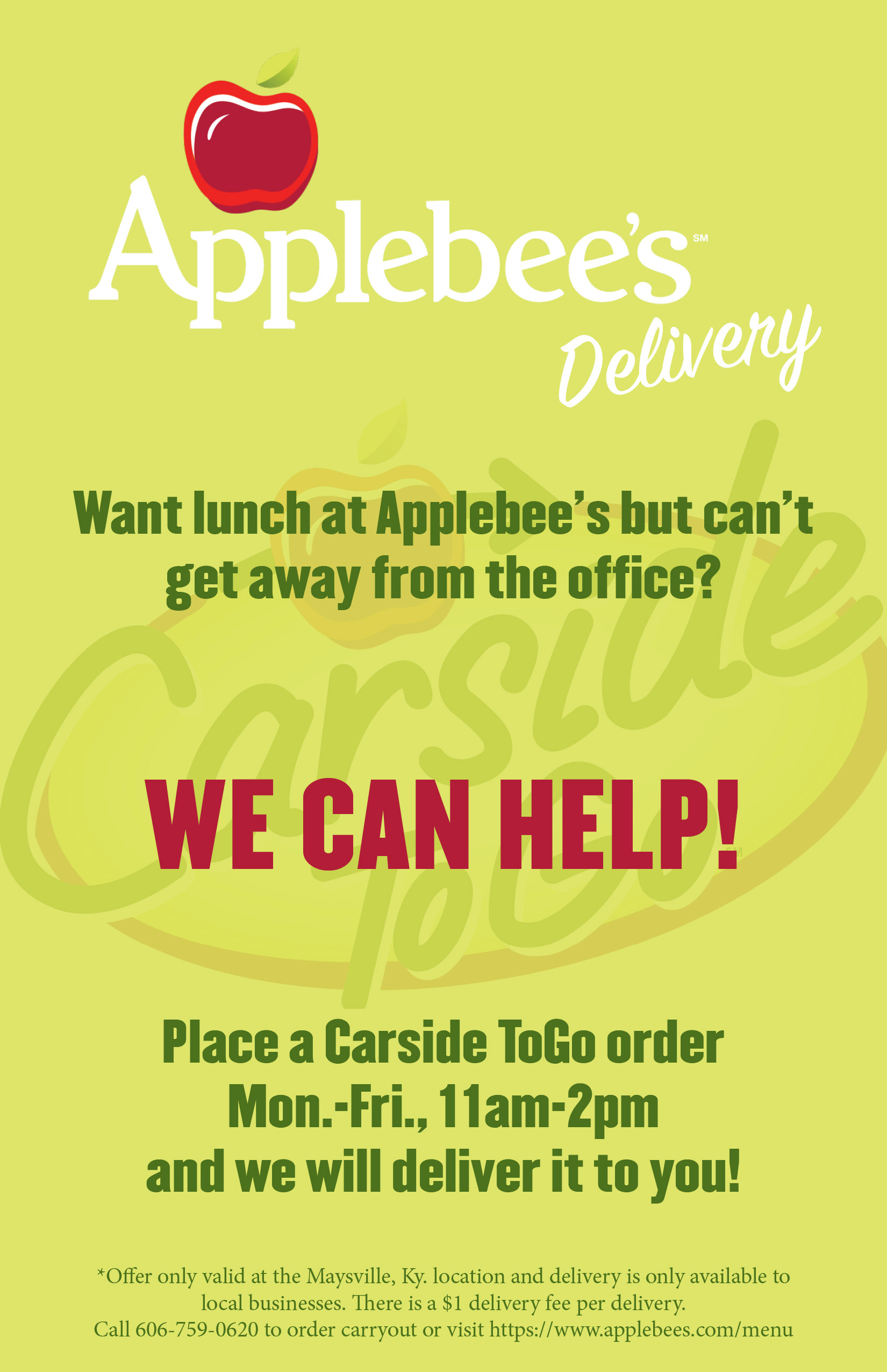 Printed Flyer for Applebee's advertising lunchtime delivery. Layout by Amanda Hankinson using Adobe InDesign.