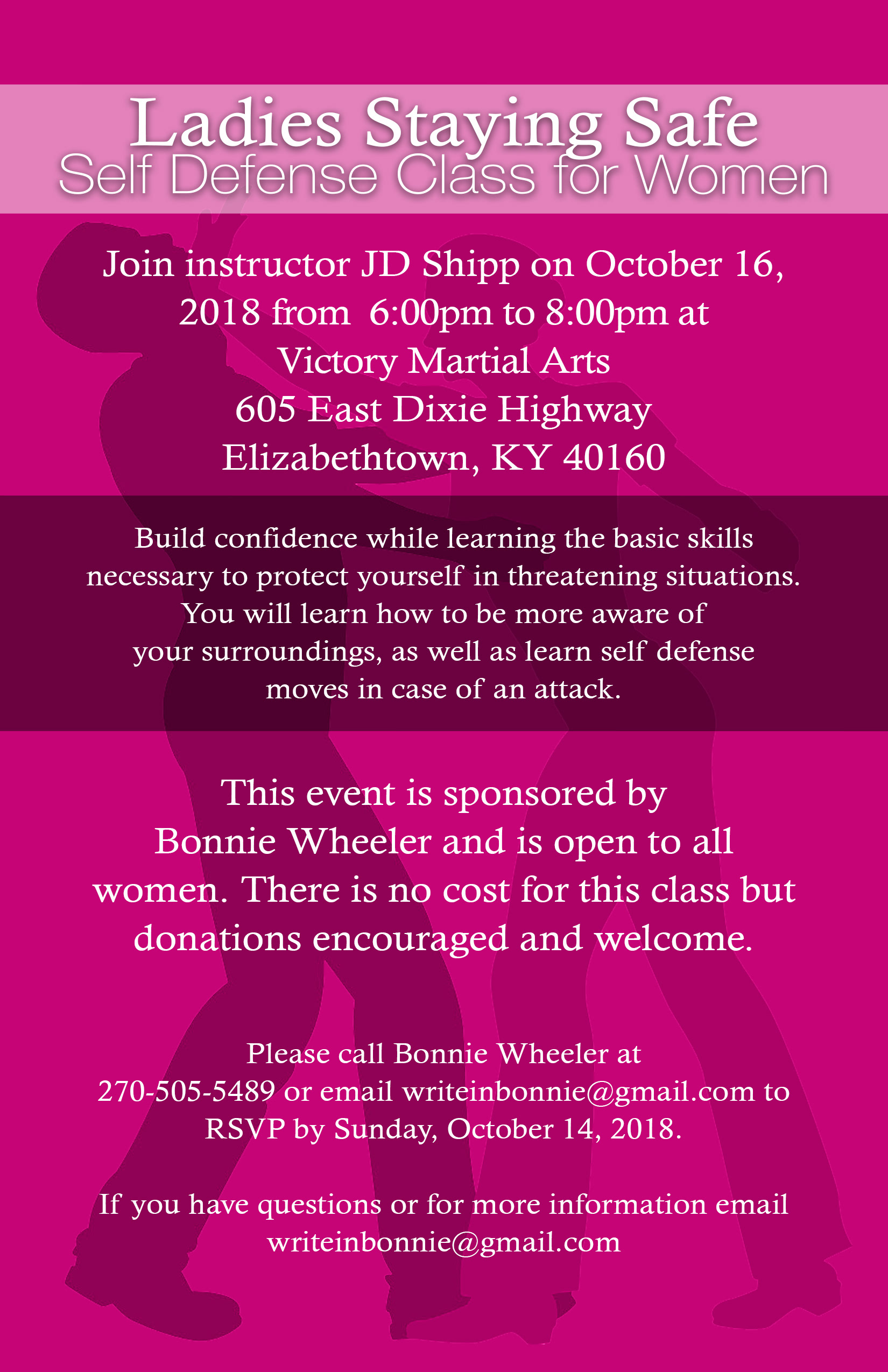 Printed flyer for a women's self defense class - second in the Ladies Staying Safe series. Background created in Photoshop, layout completed in InDesign.